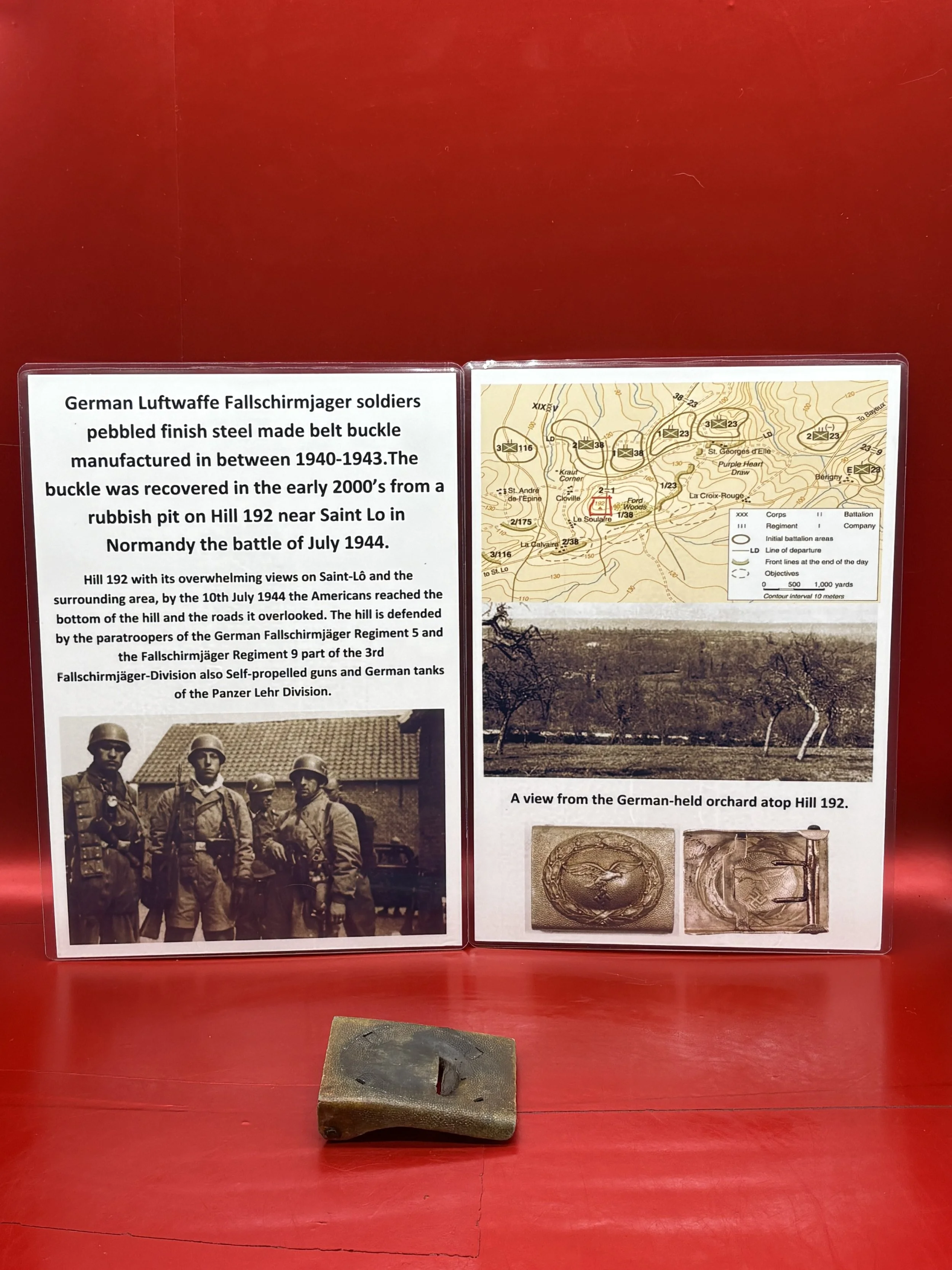 German Luftwaffe Fallschirmjager soldiers pebbled finish belt buckle,lovely relic condition recovered in 2000’s from a rubbish pit dug on Hill 192 in Normandy 1944