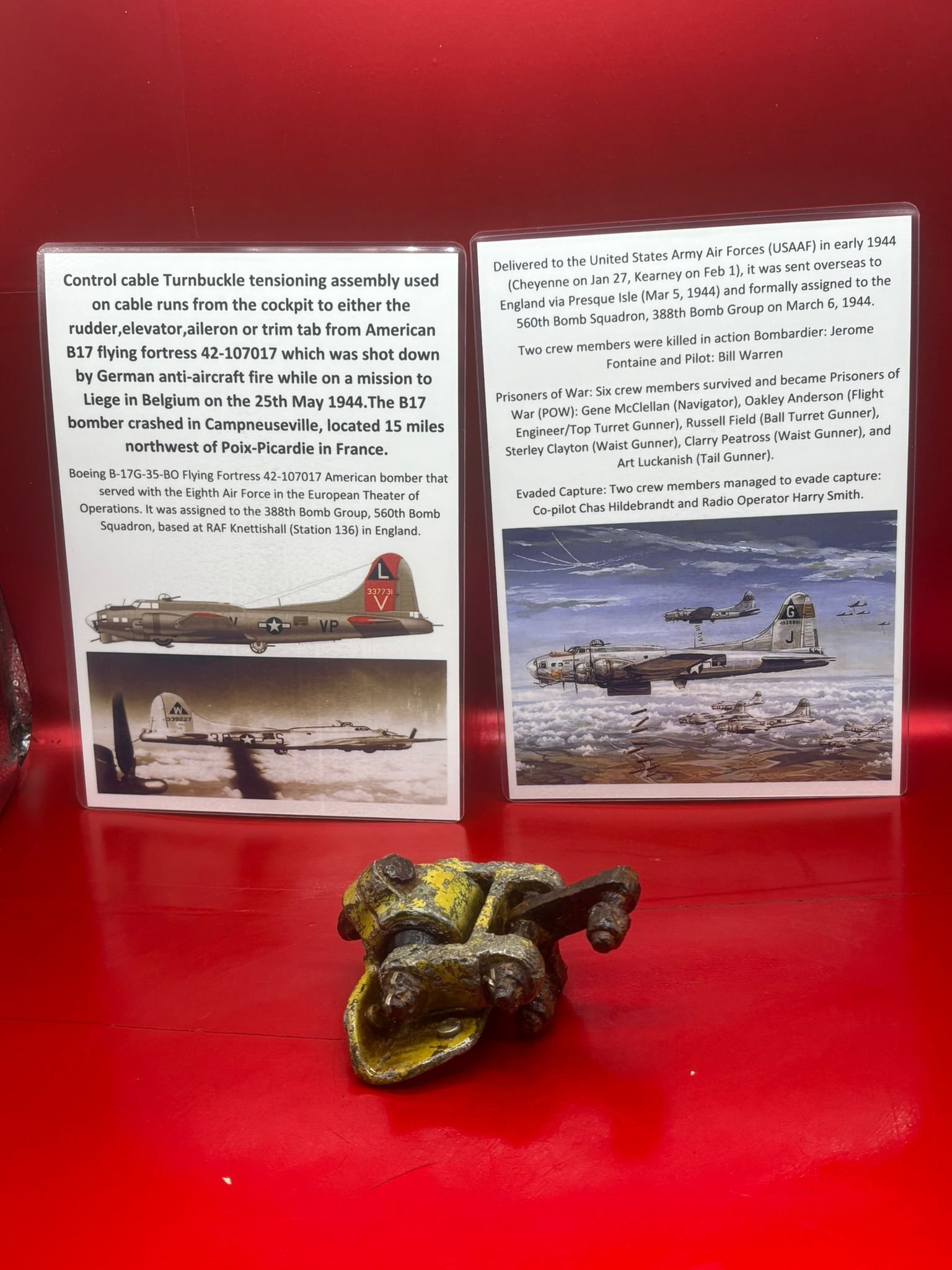 Rare control cable turnbuckle tensioning assembly used on cable runs from the cockpit to either rudder,elevator,aileron on American B17 flying fortress 42-107017, shot down 25 May 1944 over Belgium