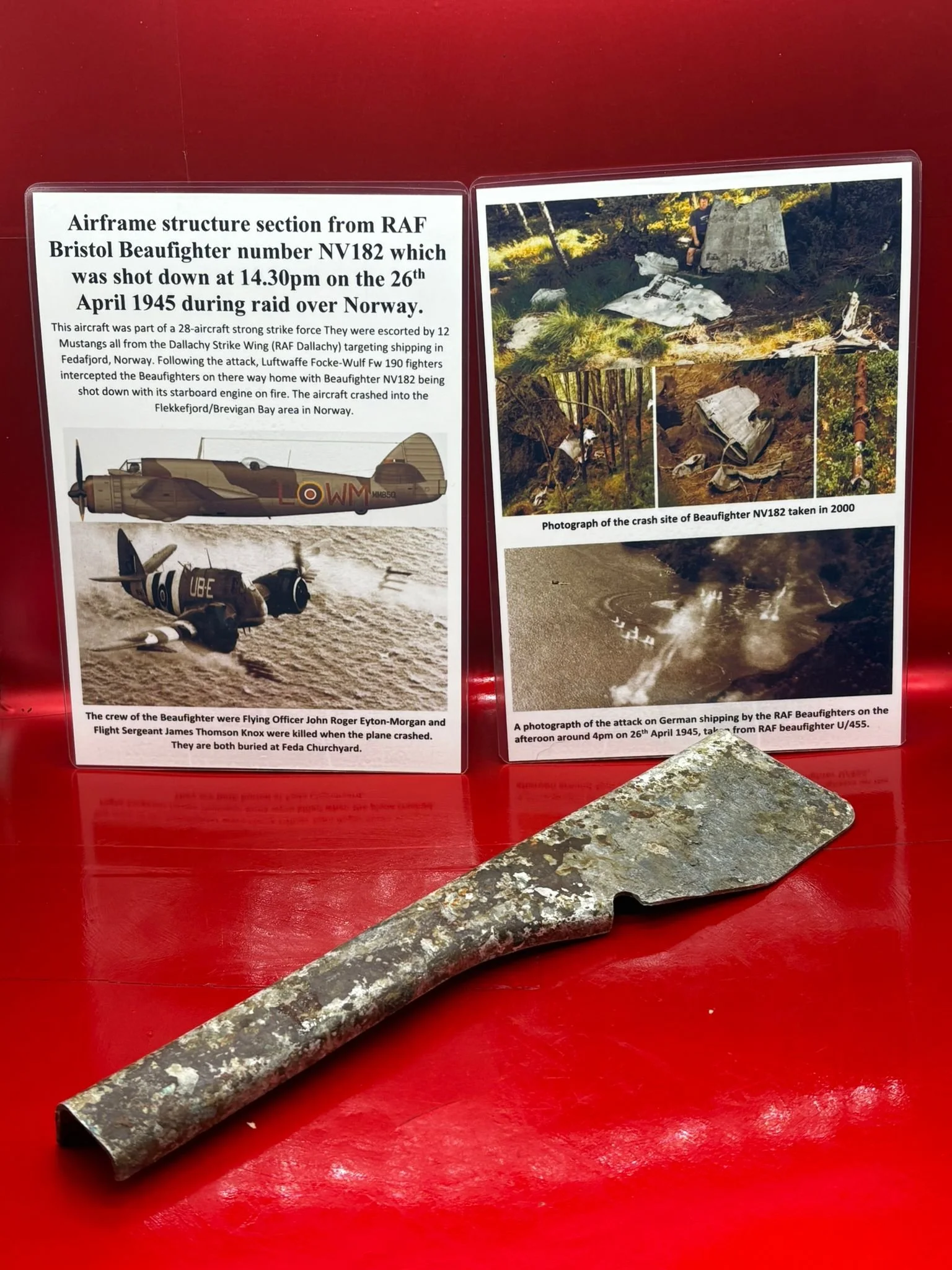 Airframe structure section from RAF Bristol Beaufighter number NV182 which was shot down on 26th April 1945 while on raid targeting German shipping in Fedafjord, Norway.