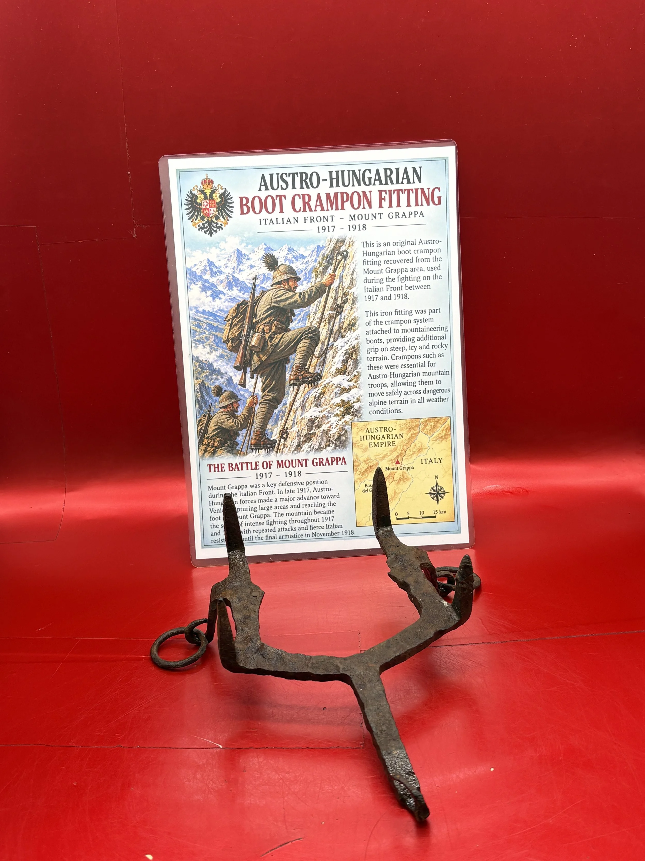 Mountain boot climbing crampon used by Austro-Hungarian soldier, recovered in the Alps mountains from the battlefield of Mount Grappa on the Italian front from 1917-1918.