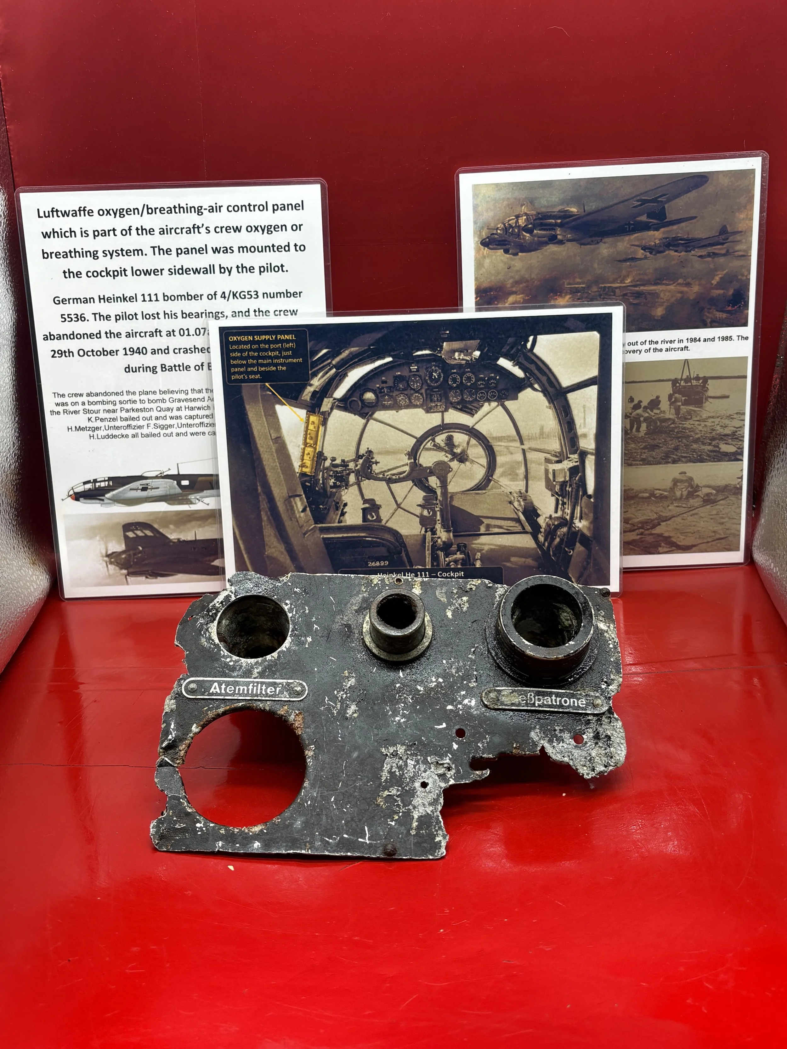 Luftwaffe oxygen/breathing-air control panel which is part of the aircraft’s crew oxygen or breathing systemGerman Heinkel 111 bomber-4/KG53 number 5536 shot down 29th October 1940,crashed at Harwich
