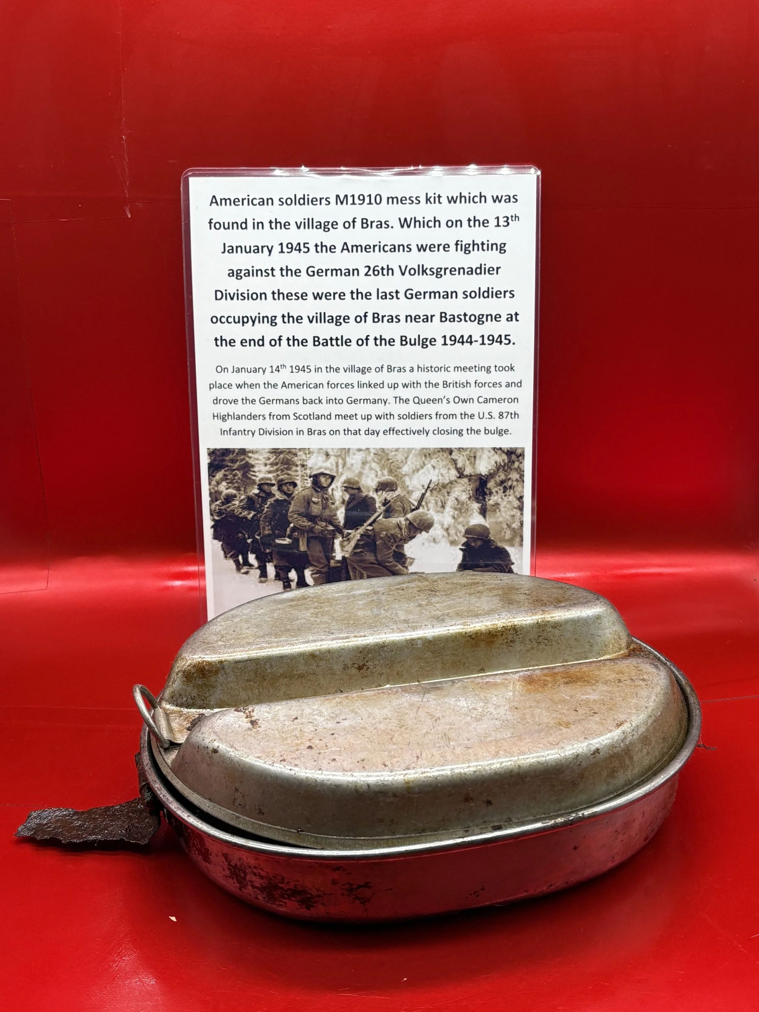American soldiers M1910 mess kit which was found in the village of Bras near Bastogne at the end of the Battle of the Bulge 1944-1945