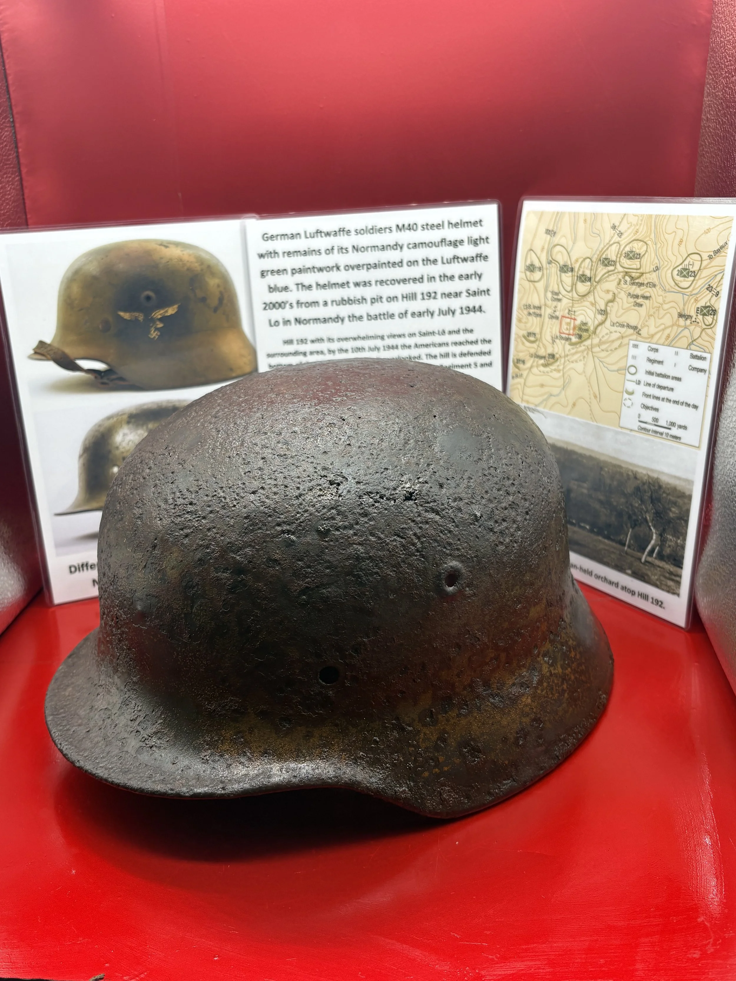 Fantastic rare German Luftwaffe soldiers M40 steel helmet with remains of its Normandy camouflage light green paintwork overpainted,Luftwaffe blue recovered in 2000’s from Hill 192 in Normandy 1944