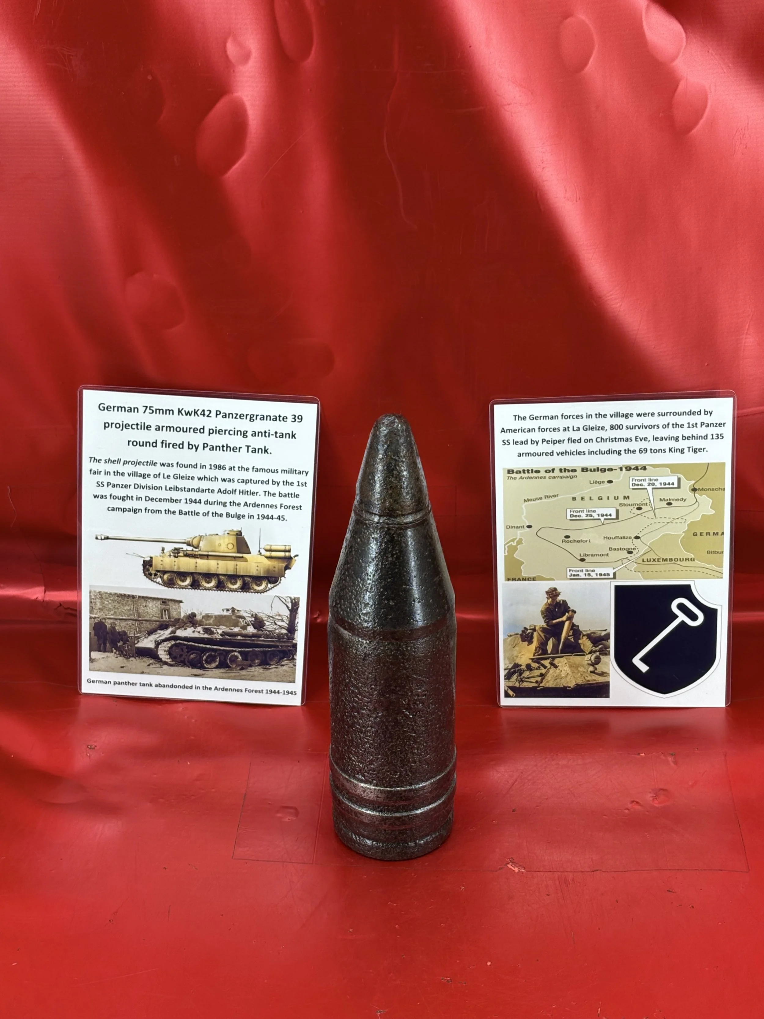 Very rare fantastic condition German 75mm KwK42 Panzergranate 39 projectile armoured piercing round fired by Panther Tank,found in 1986 at military fair in village of Le Gleize,Ardennes Forest 1944