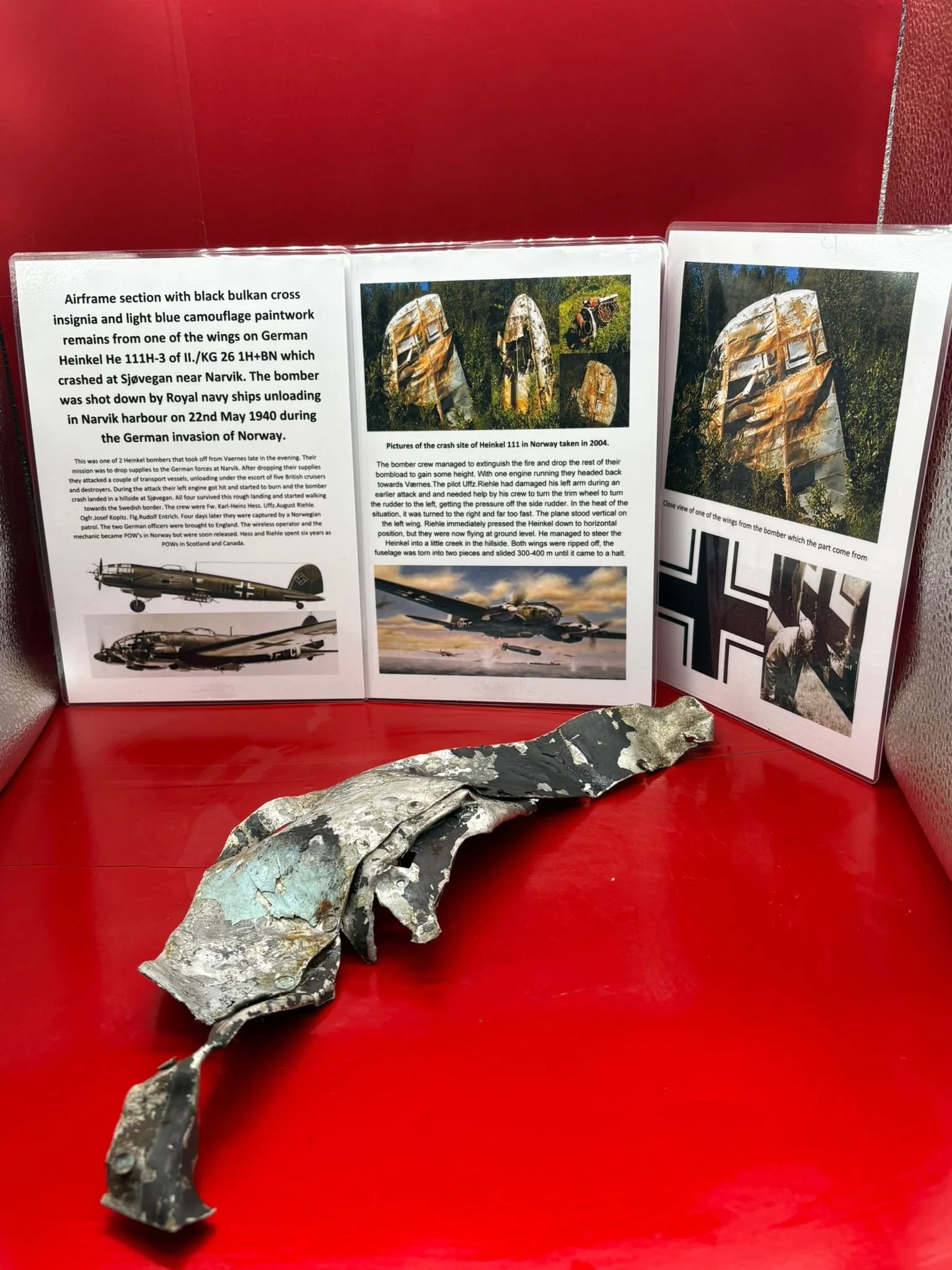 Fantastic condition totally rare bulkan cross with original black paintwork and underbelly blue from a wing on German he111 of  KG26 shot down 22 May 1940  during attack on Narviik harbour in Norway