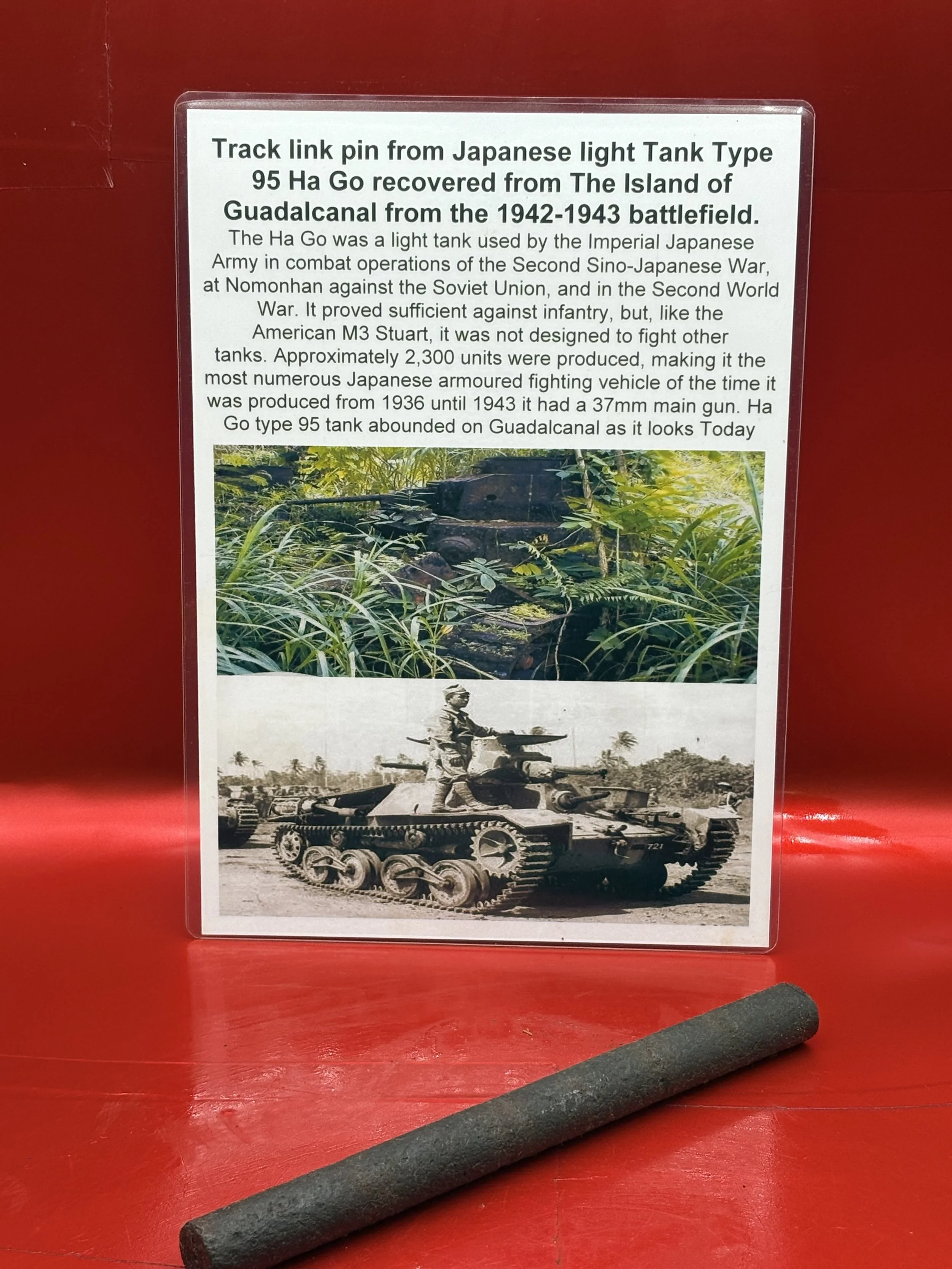 Complete track link pin from Japanese light Tank Type 95 Ha Go recovered from The Island of Guadalcanal from the 1942-1943 battlefield.
