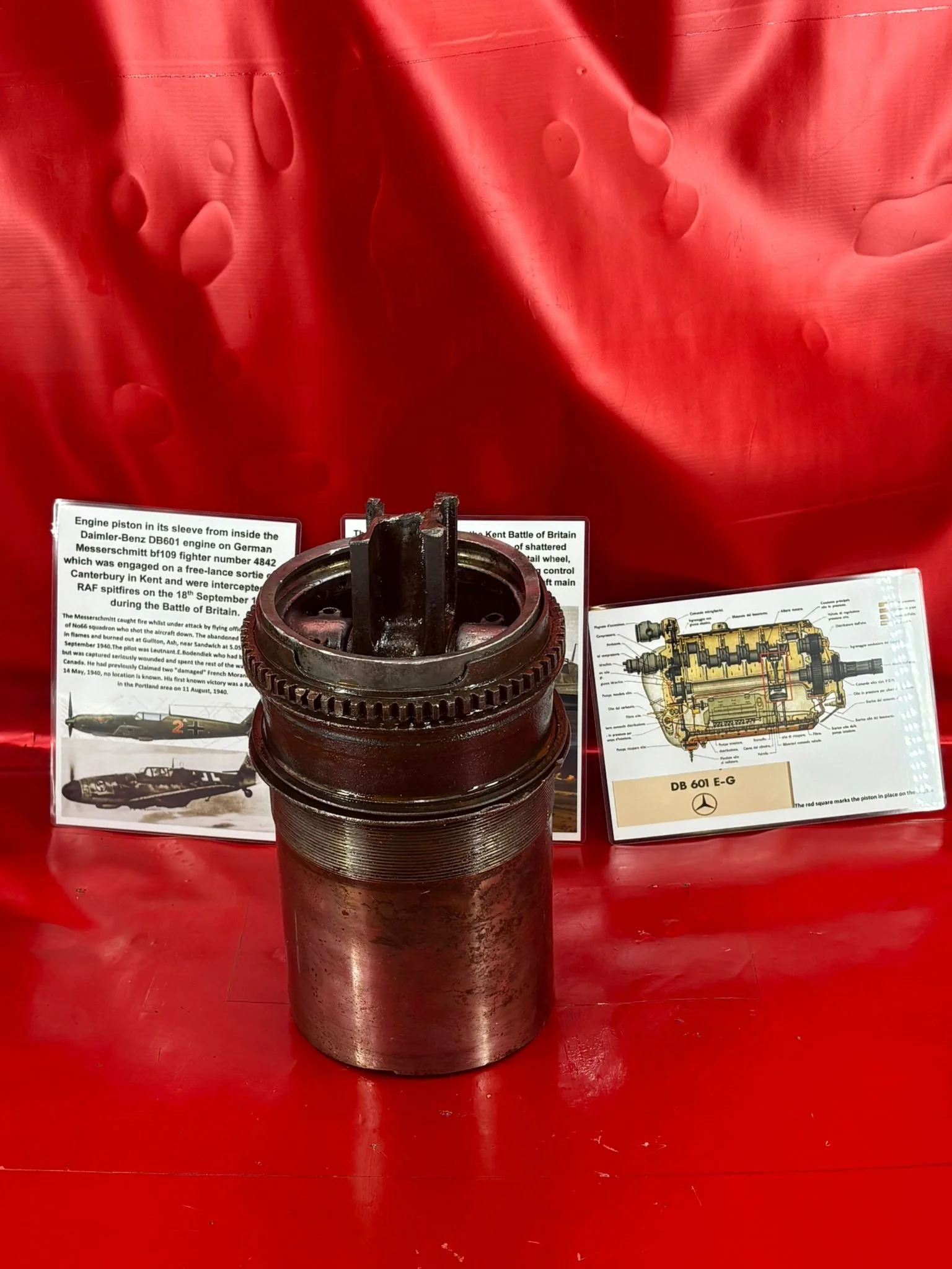 Fantastic condition engine piston and sleeve from inside Daimler-Benz DB601 engine on German Messerschmitt bf109 fighter number 4842 shot down 18th September 1940 near Canterbury