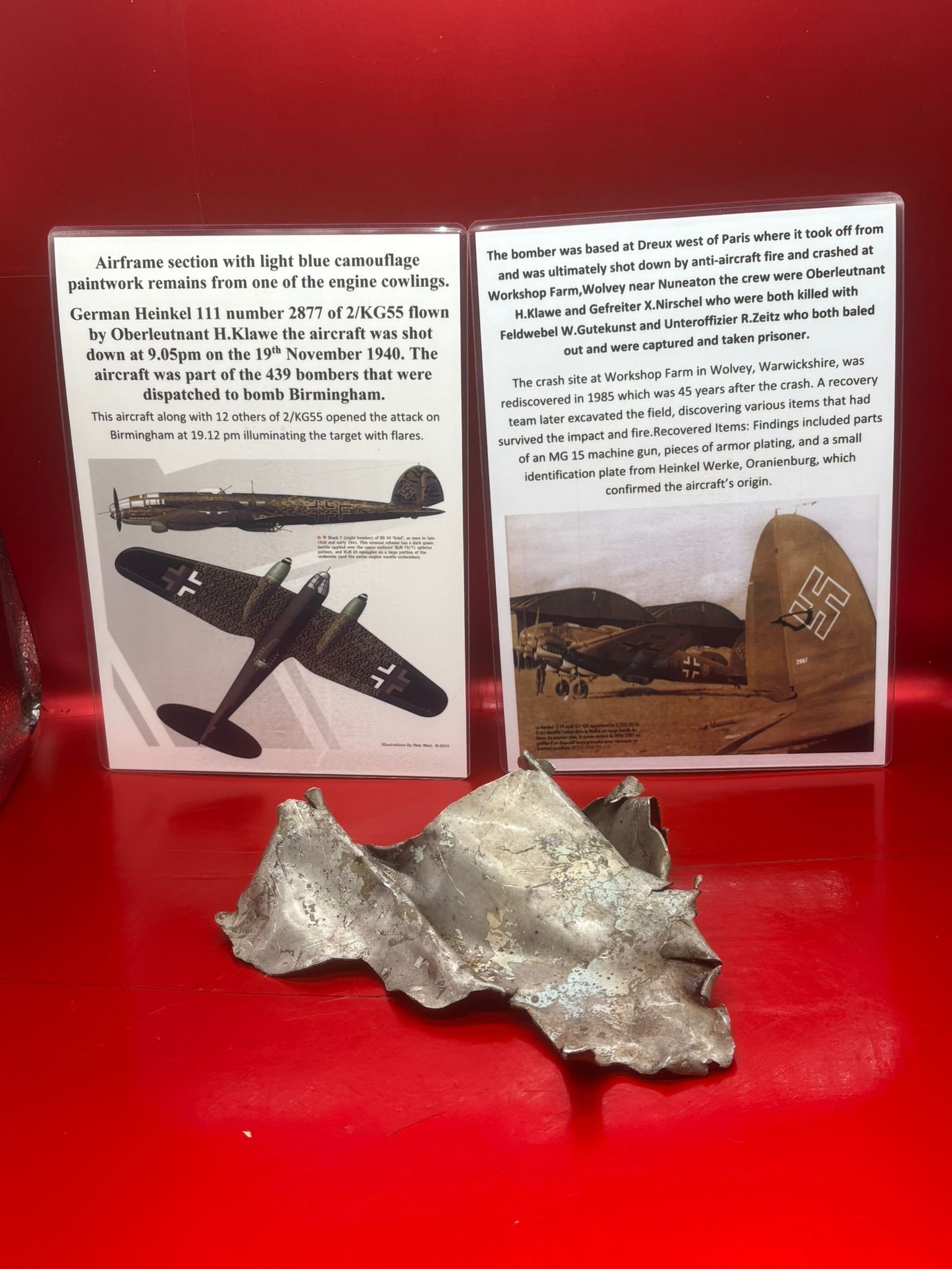 Airframe section with light blue camouflage paintwork from one of the engine cowlings on German Heinkel 111 bomber work number 2877 of 2/KG55 shot down on 19th November 1940 over Birmingham