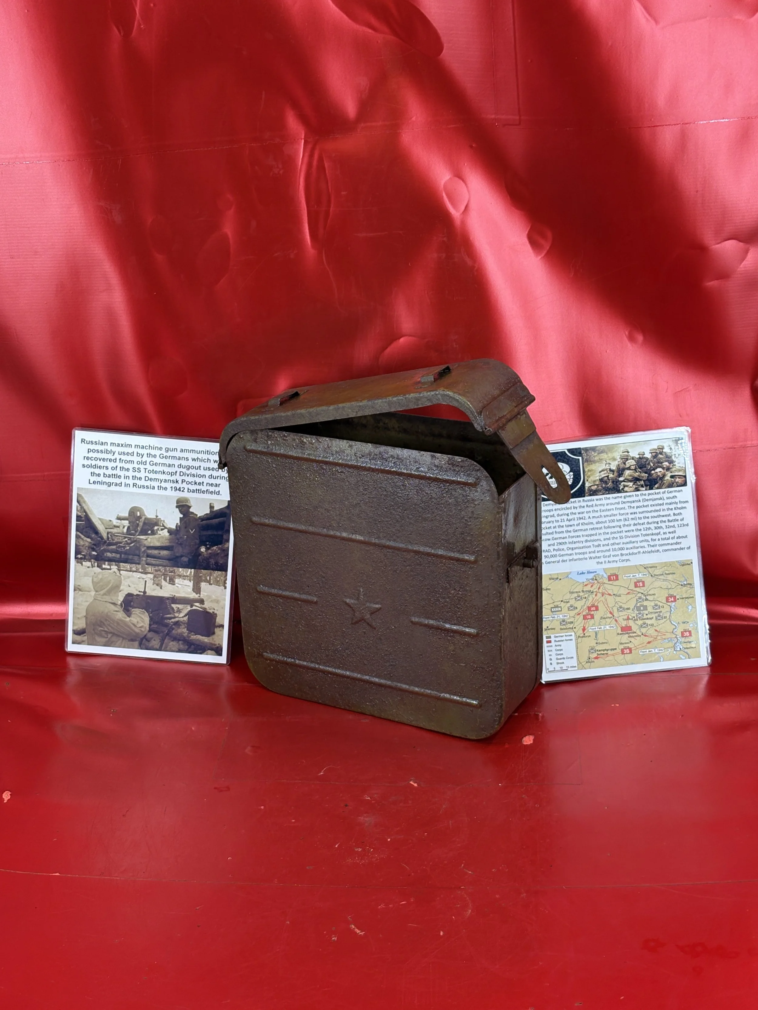 Russian Maxim machine gun ammunition tin with green paintwork remains used by soldiers in the SS Totenkopf Division recovered from old German SS dugout in the Demyansk Pocket near Leningrad