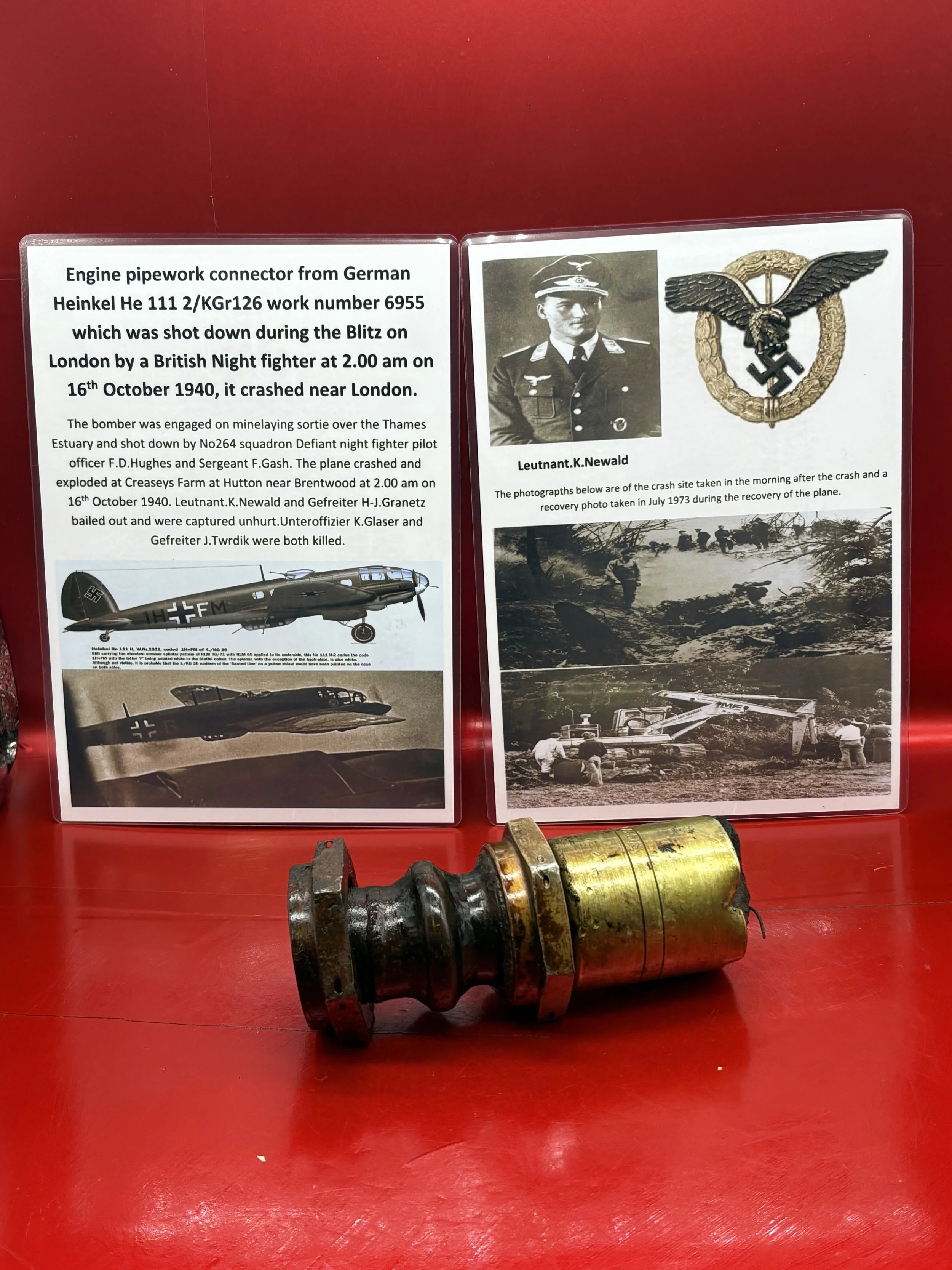 Lovely engine pipework connector,maker marked from German Heinkel He 111 2/KGr126 work number 6955,shot down during the Blitz on London by British Night fighter on 16th October 1940,crashed Brentwood