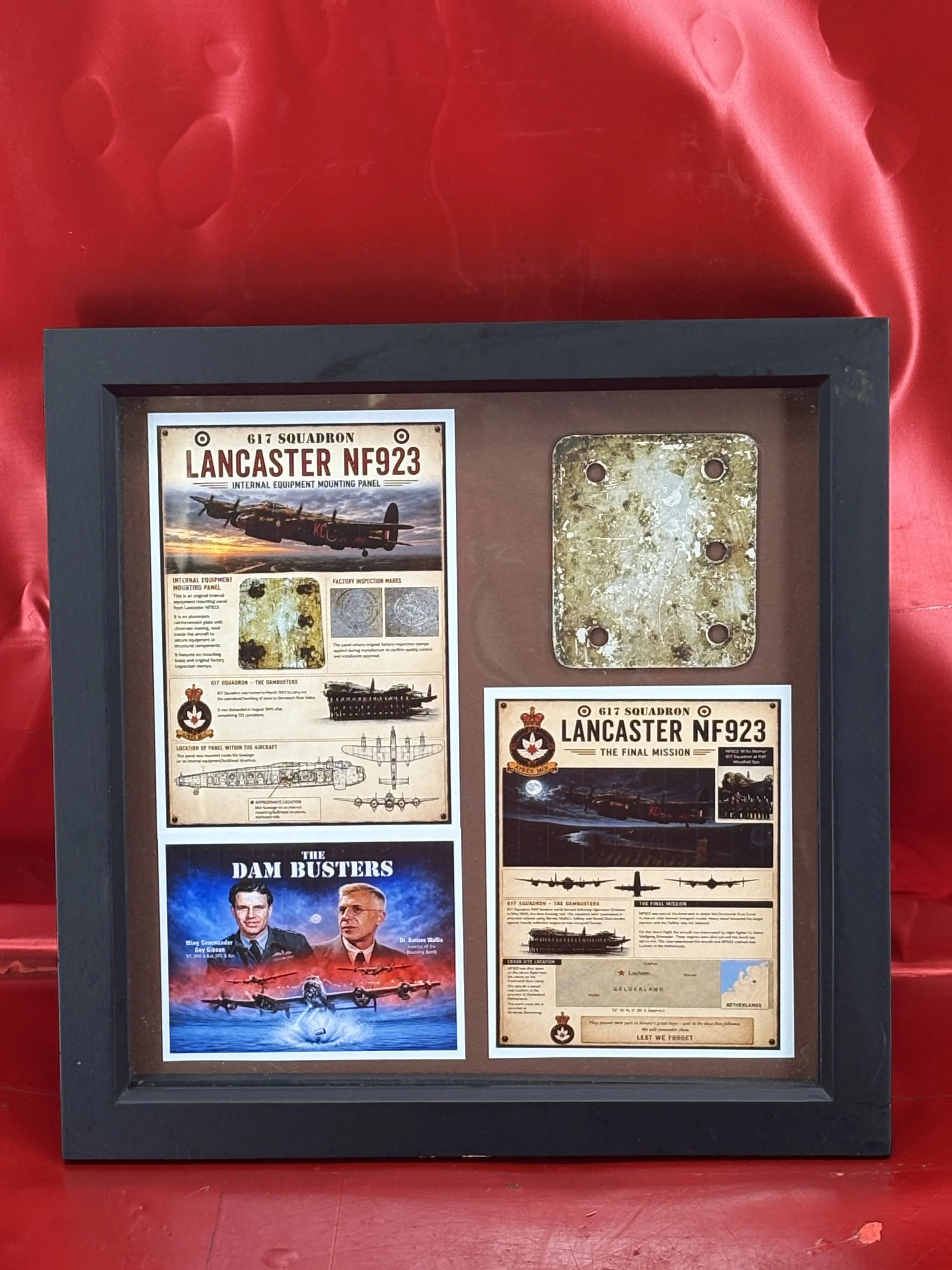 Rare glass framed internal panel from Lancaster Mark I (serial number NF923), of 617 squadron, shot down by German night ace Hauptmann Schnaufer on 23–24 September 1944 and crashed in the Netherlands