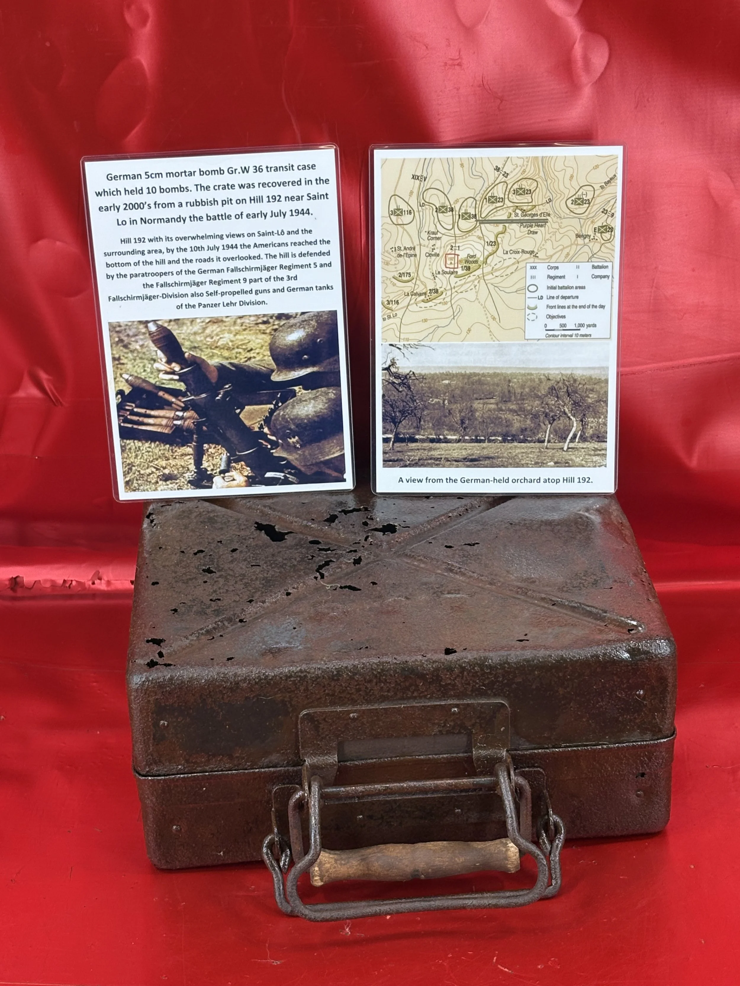 German 5cm mortar bomb Gr.W 36 transit case+green paintwork which held 10 bombs, recovered in the early 2000’s from a rubbish pit on Hill 192 near Saint Lo in Normandy the battle of early July 1944.