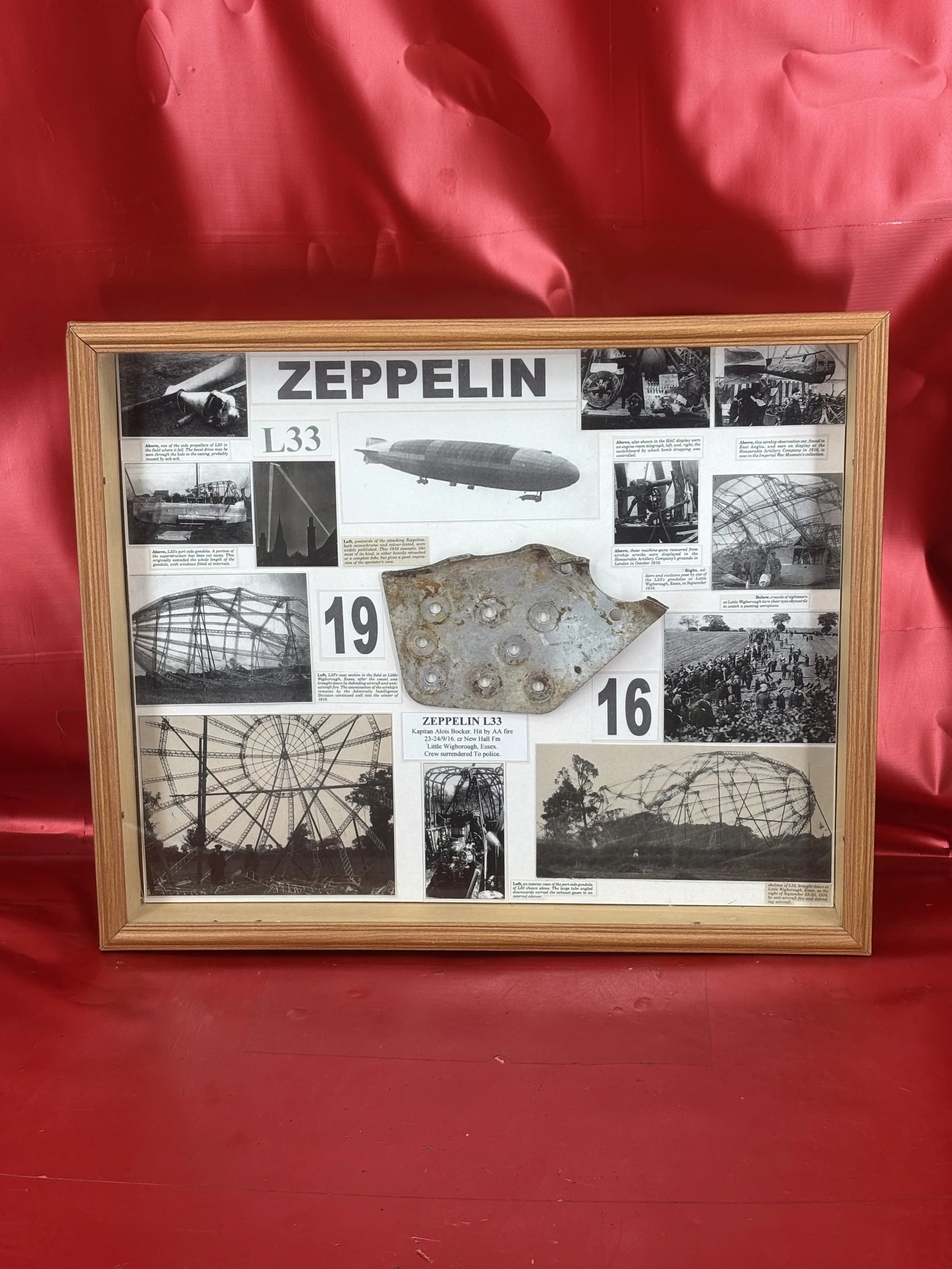 Very rare large perspex framed nice clean airframe part with maker markings from German Imperial Navy's Zeppelin L33 which was shot down and crashed in Essex on on September 24, 1916