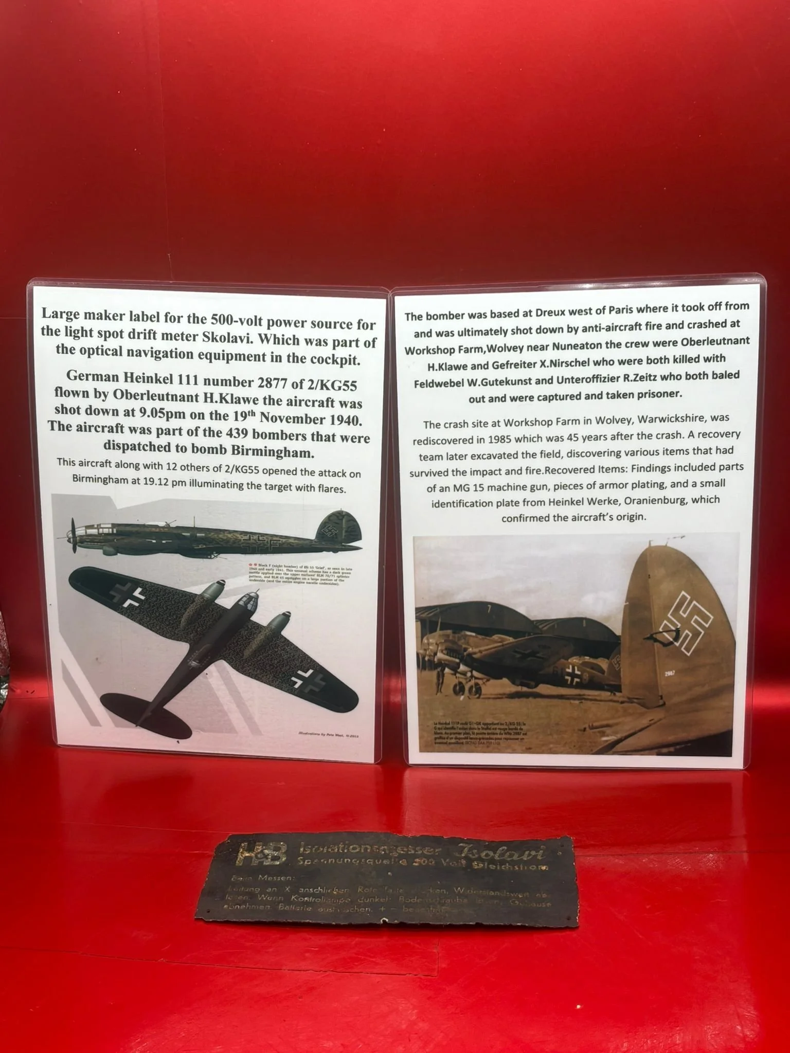 Large maker label,500-volt power source for the light spot drift meter Skolavi,optical navigation equipment in cockpit-German Heinkel 111 bomber,number 2877, shot down 19th November 1940,Birmingham