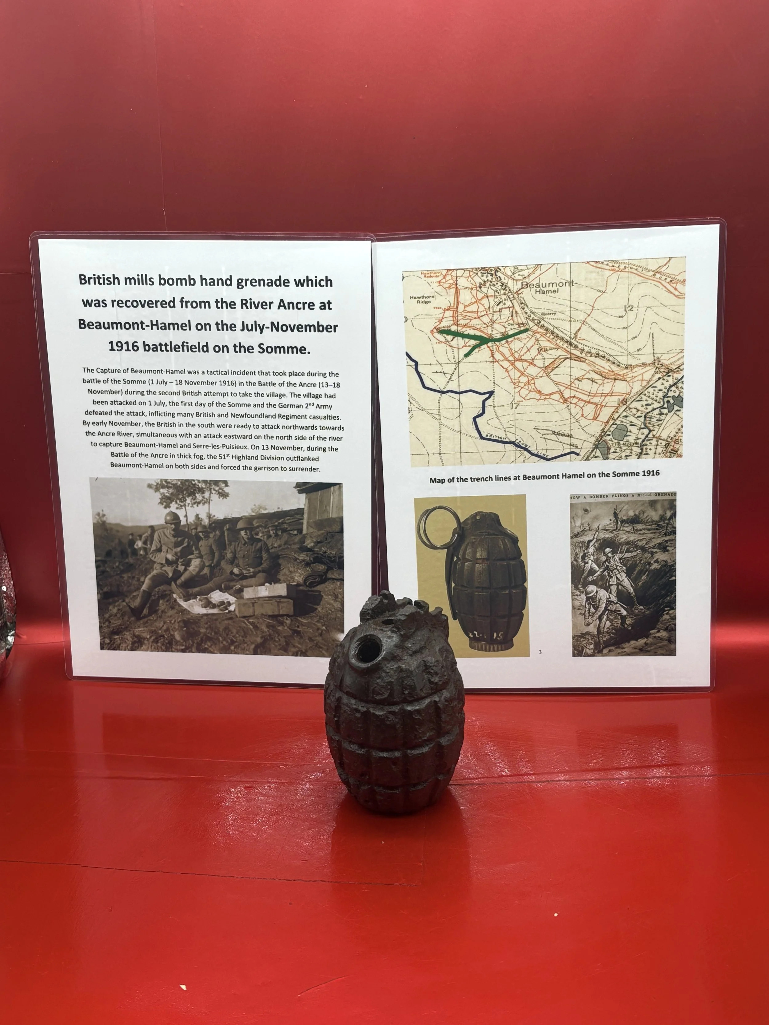 British mills bomb hand grenade, lovely relic condition,some original colour that was recovered from the River Ancre at Beaumont-Hamel on the Somme battlefield of July 1916