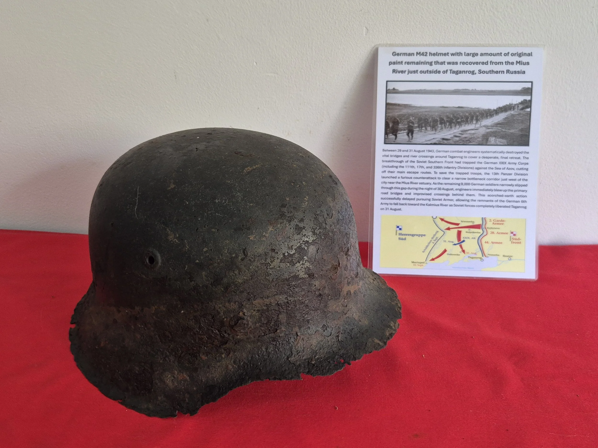 German M42 helmet with large amount of original paint remaining that was recovered from the Mius River just outside of Taganrog, Southern Russia