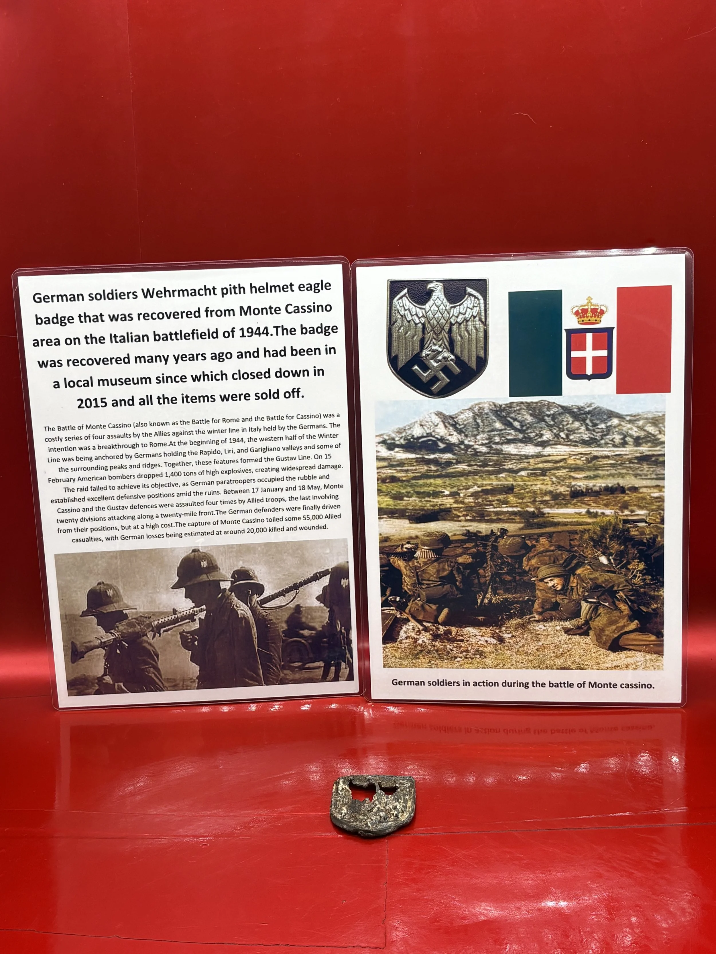 German soldiers Wehrmacht pith helmet eagle badge that was recovered from Monte Cassino area on the Italian battlefield of 1944, which was recovered many years ago and had been in a local museum