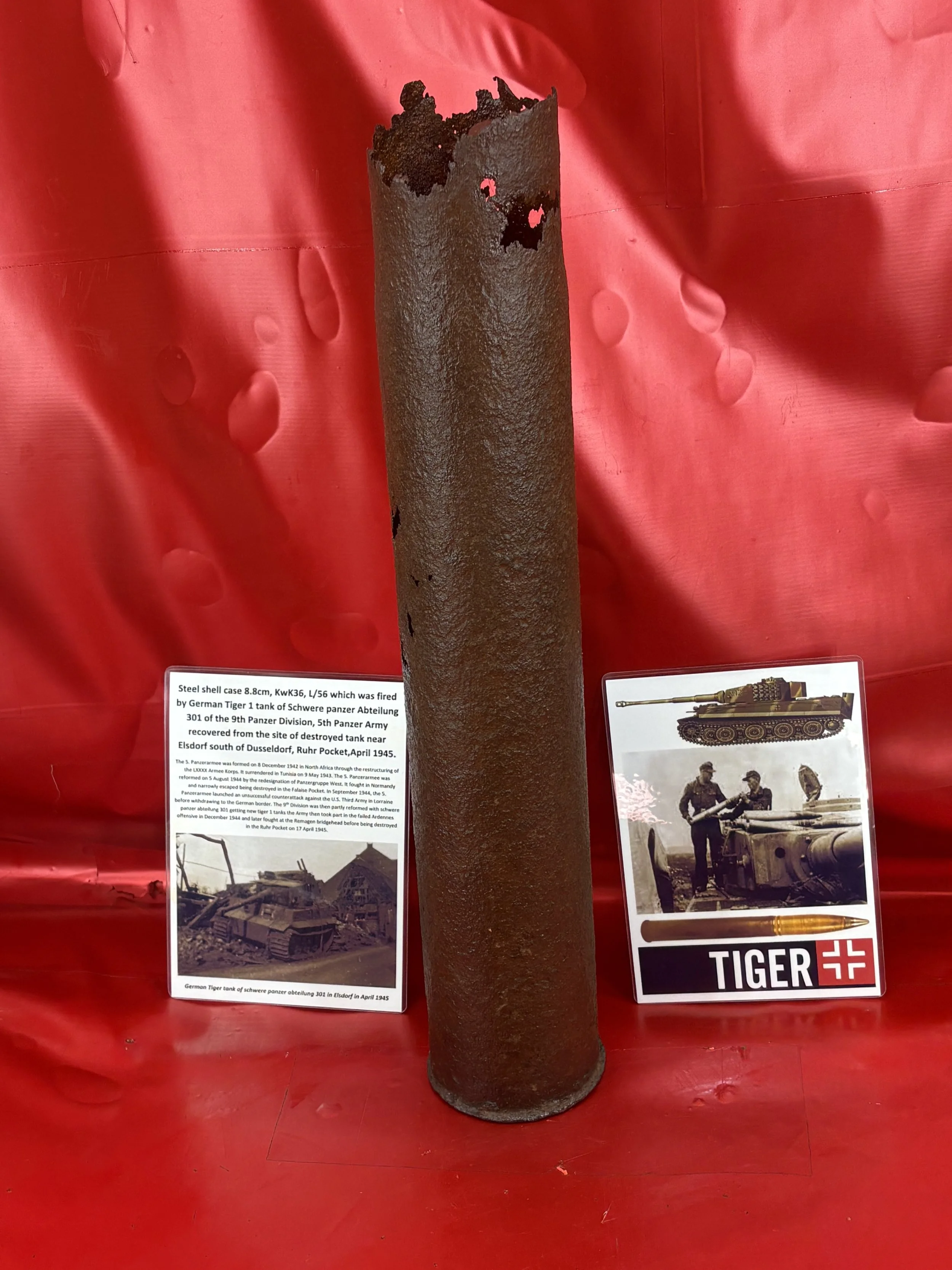 Very rare steel shell case 8.8cm,KwK36 with electric primer fired by German tiger 1 tank recovered near Elsdorf south of Dusseldorf in the Ruhr Pocket April 1945