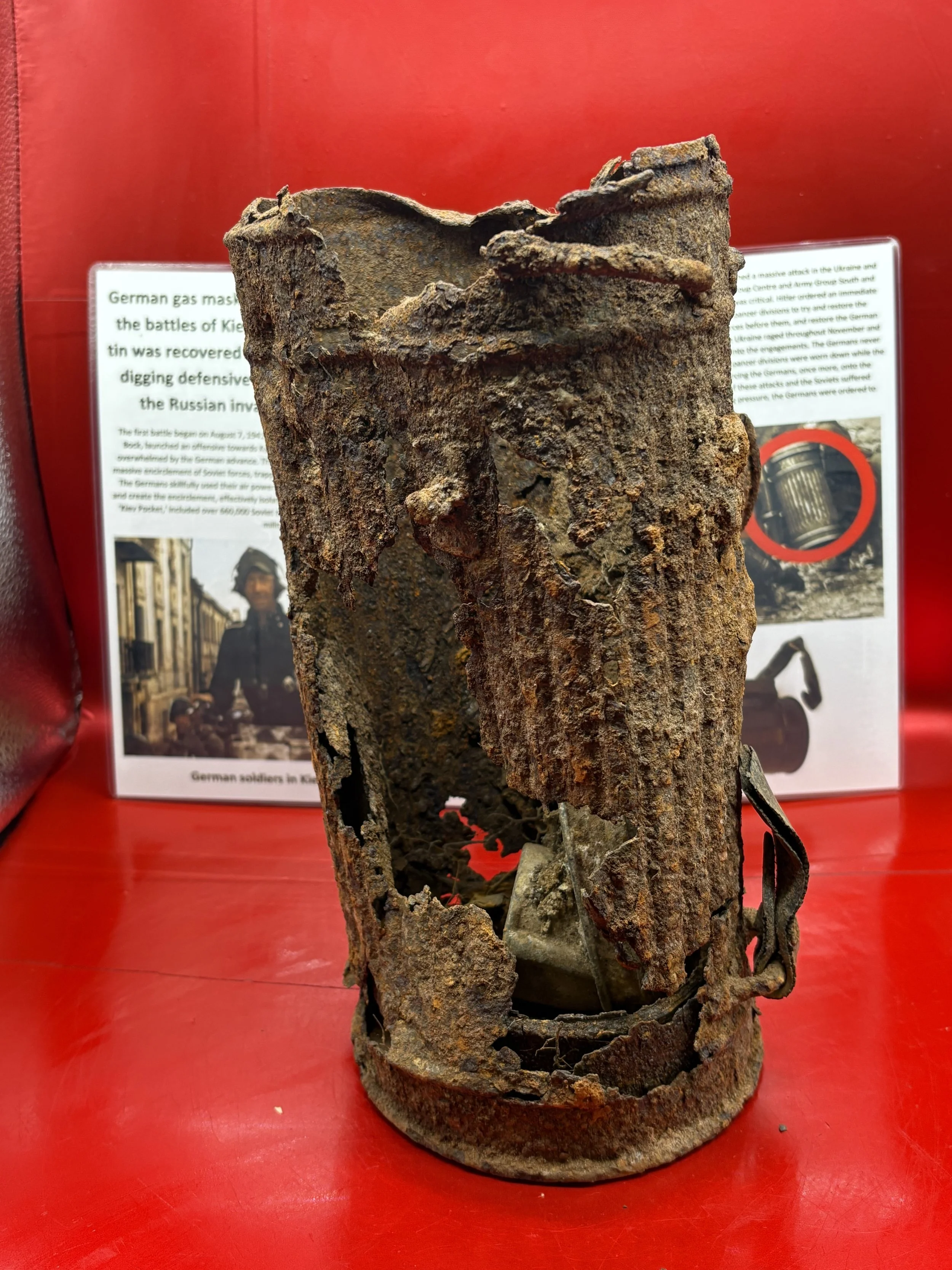 German gas mask tin,and mask r used by a soldier in a battle around Kiev in 1941-1943 which was recovered while Ukrainian soldiers,digging defensive positions around Kiev after Russian invasion 2022