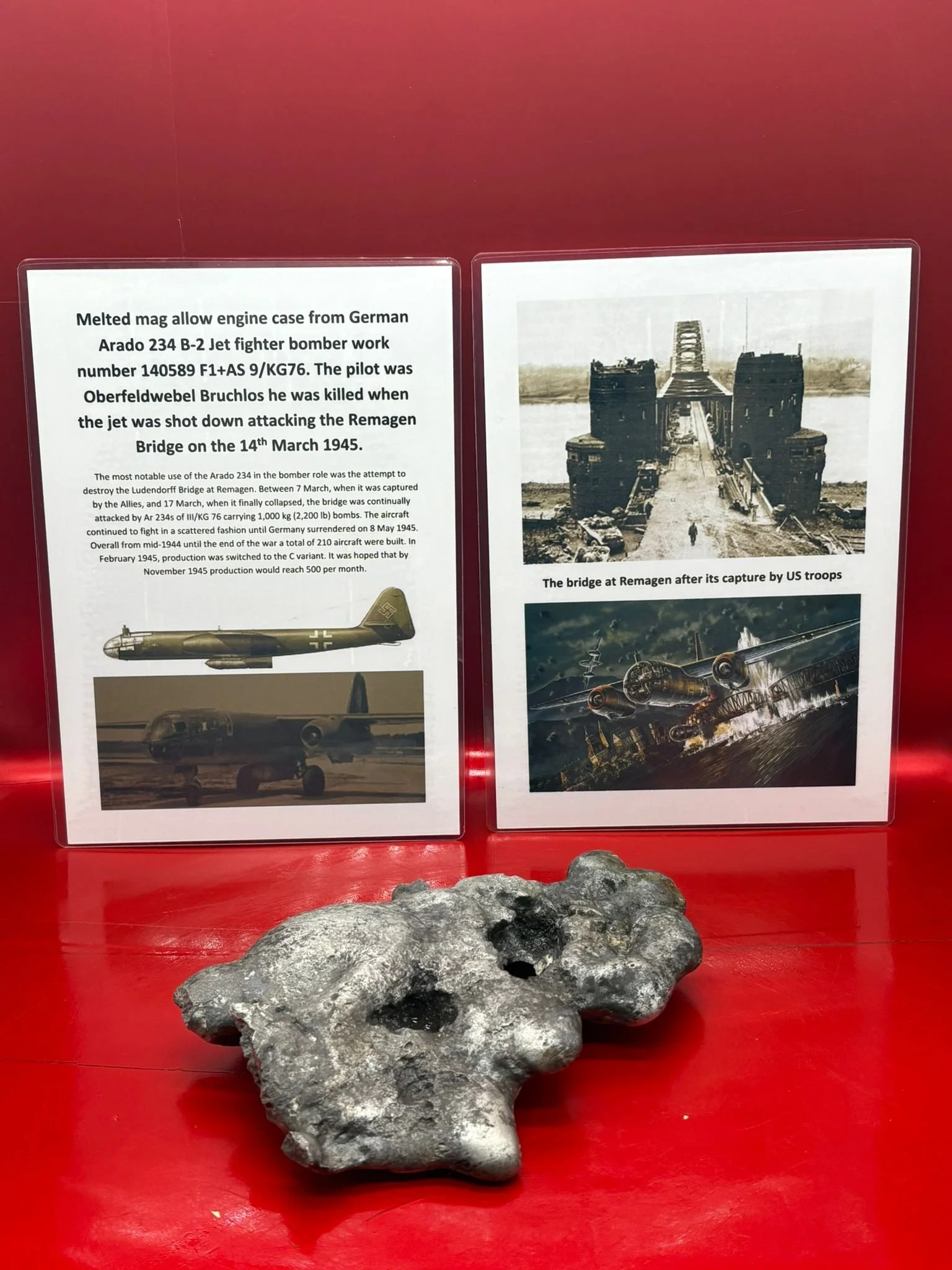 Very rare large section of melted mag allow engine case from German Arado 234 B-2 Jet fighter bomber work number 140589 F1+AS 9/KG76, shot down attacking the Remagen Bridge on the 14th March 1945