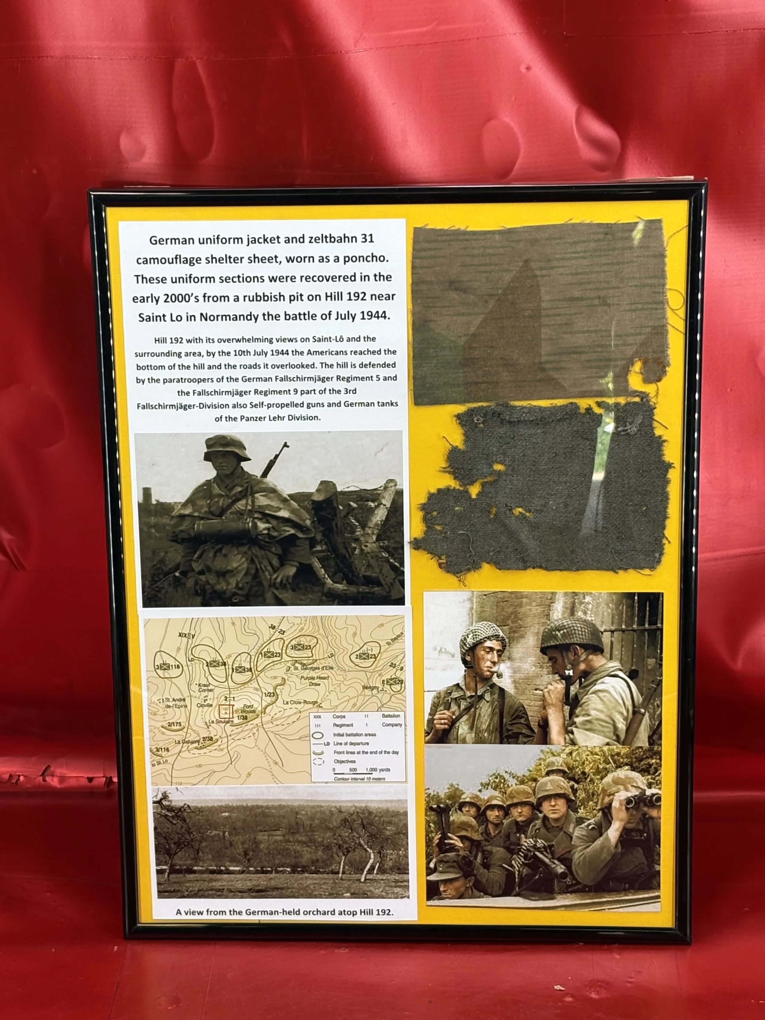 Large perspex frame German uniform,zeltbahn 31 poncho sections both recovered in the early 2000’s from a rubbish pit on Hill 192 near Saint Lo in Normandy the battle of early July 1944.