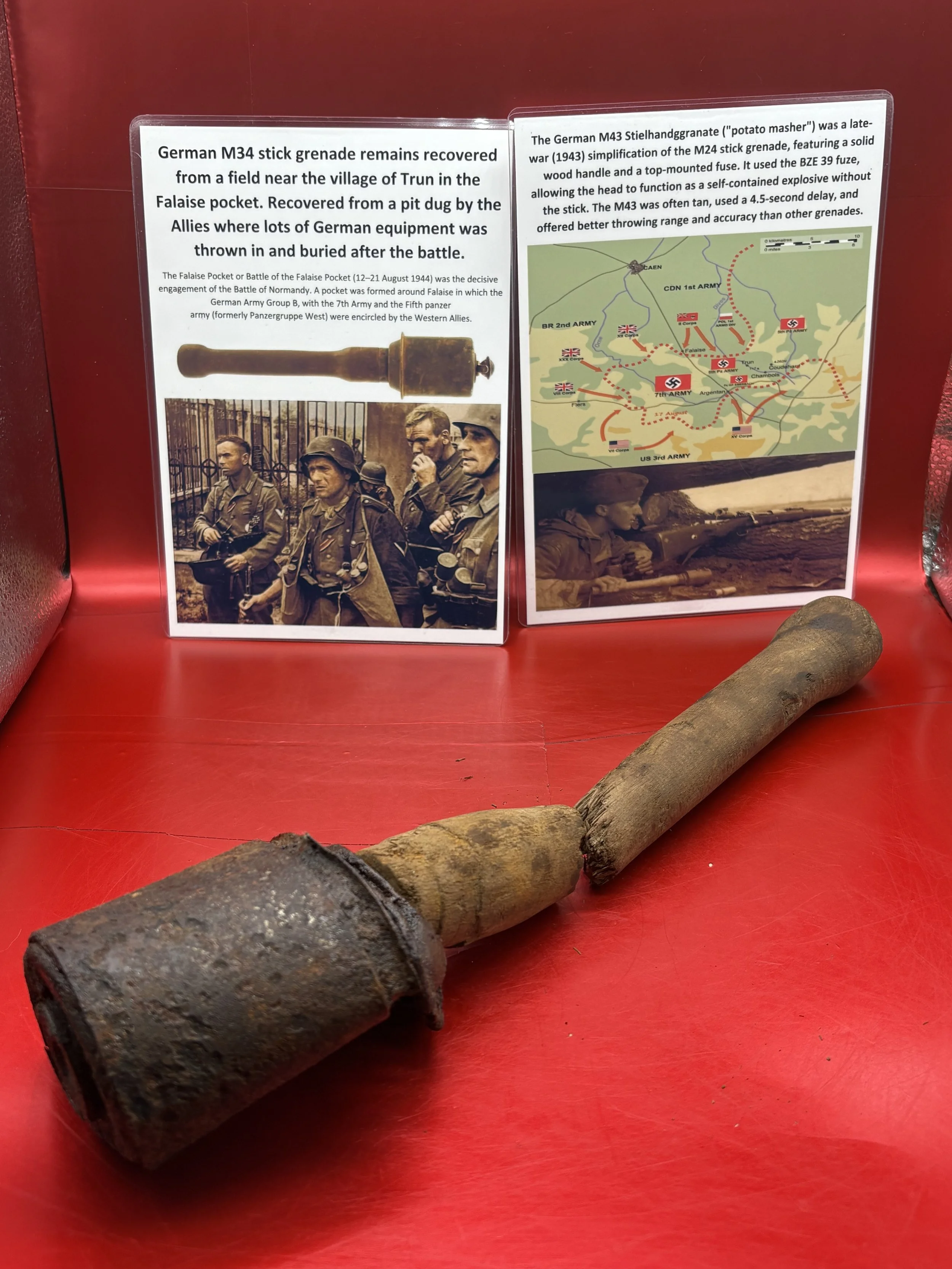 German M43 stick grenade remains,near complete handle with some original paintwork,fragmentaion sleeve nice relic condition ,that was recovered in the Falaise Pocket the battlefield of Normandy 1944