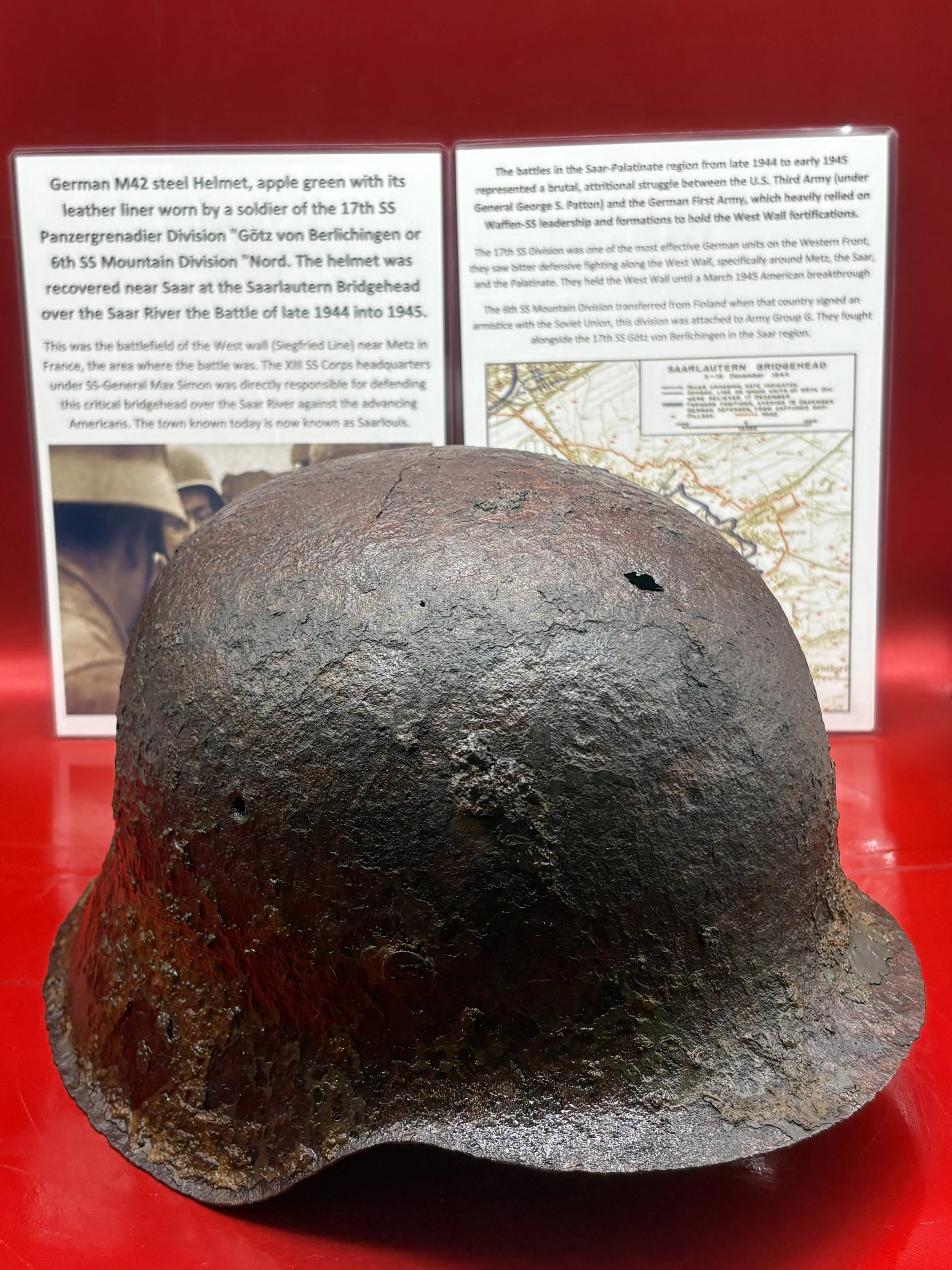 Rare German M42 steel helmet,green paintwork+leather liner  worn by a soldier of 17th SS Panzergrenadier Division-6th SS Mountain Division "Nord,recovered at Saarlautern Bridgehead,France 1944-1945