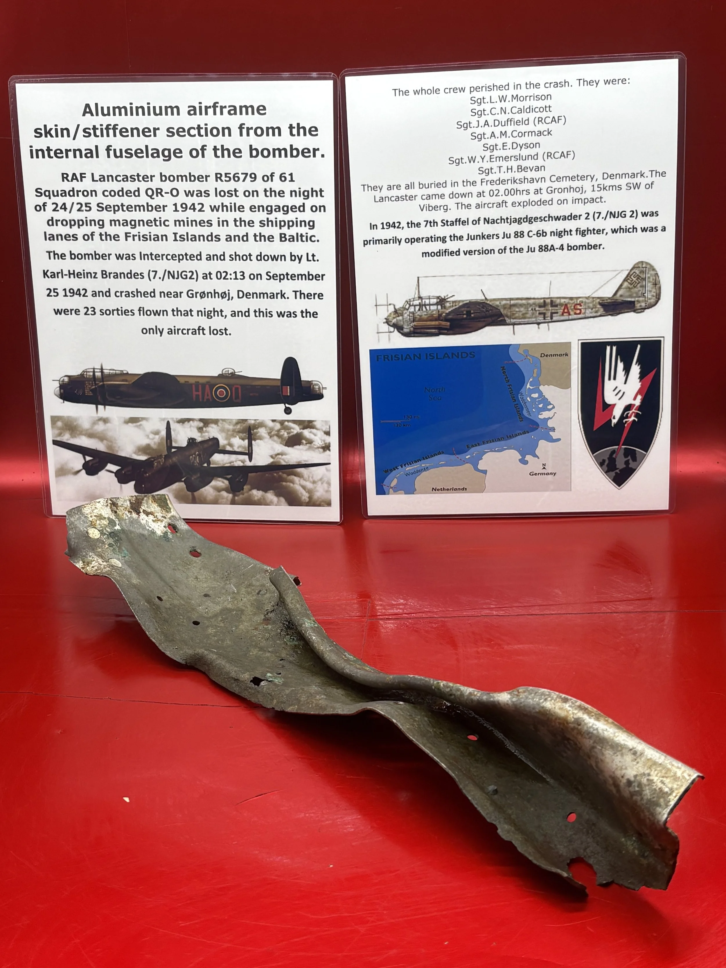 Aluminium airframe skin/stiffener section from internal fuselage RAF Lancaster bomber R5679 of 61 Squadron shot down on the night of 24/25 September 1942 by German night fighter in Denmark