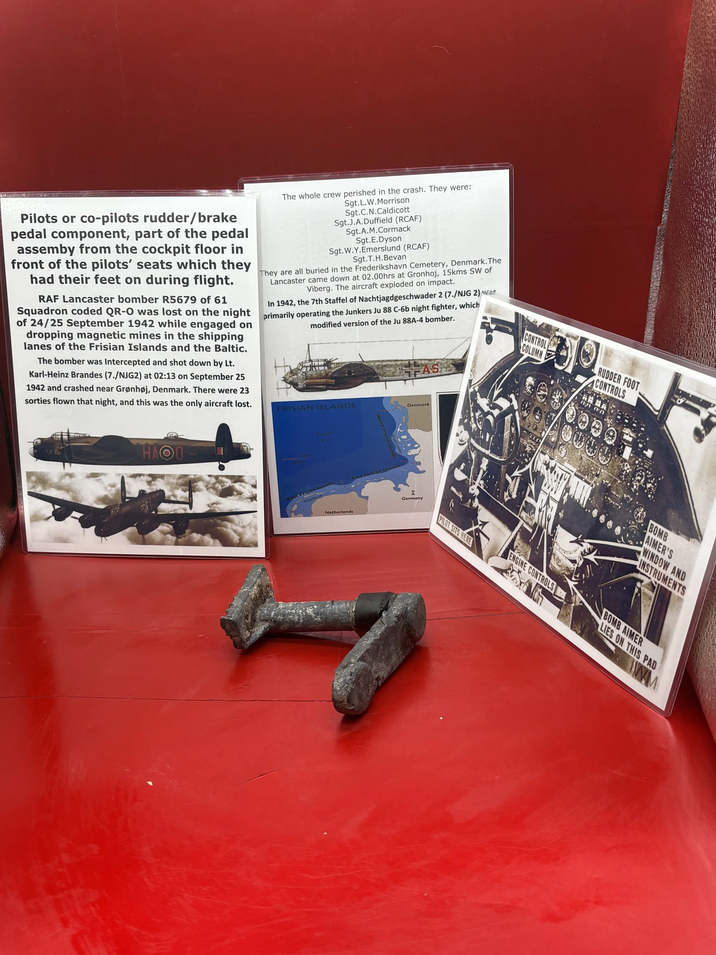 Very rare pilots rudder/brake pedal assembly,cockpit floor,maker marked, RAF Lancaster bomber R5679 of 61 Squadron shot down,night of 24/25 September 1942 by German nightfighter in Denmark