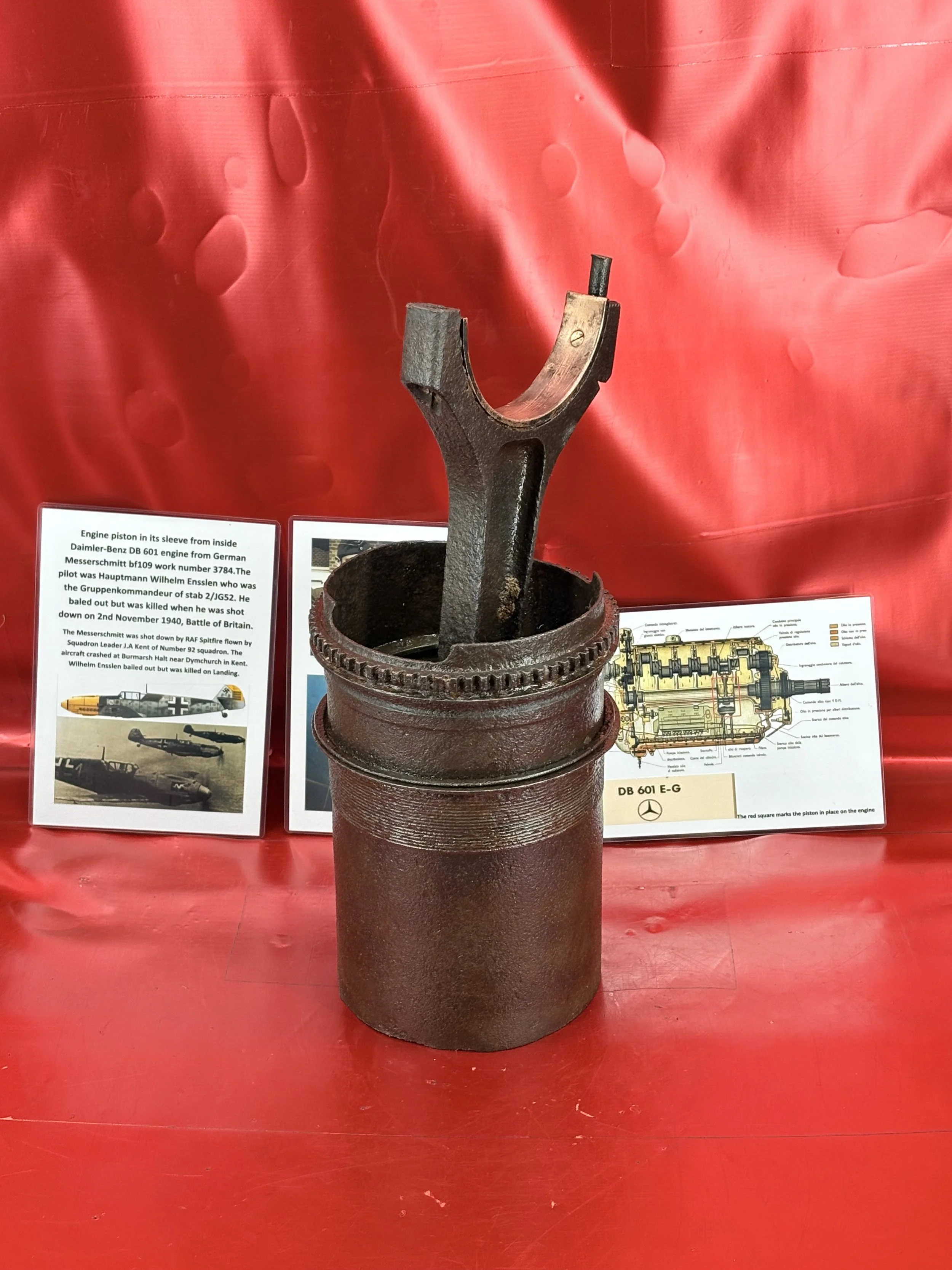 Rare complete engine piston in its sleeve from DB601 Daimler-Benz engine on German Messerschmitt bf109 work number 3784, Hauptmann Wilhelm Ensslen shot down, 2nd November 1940,Battle of Britain