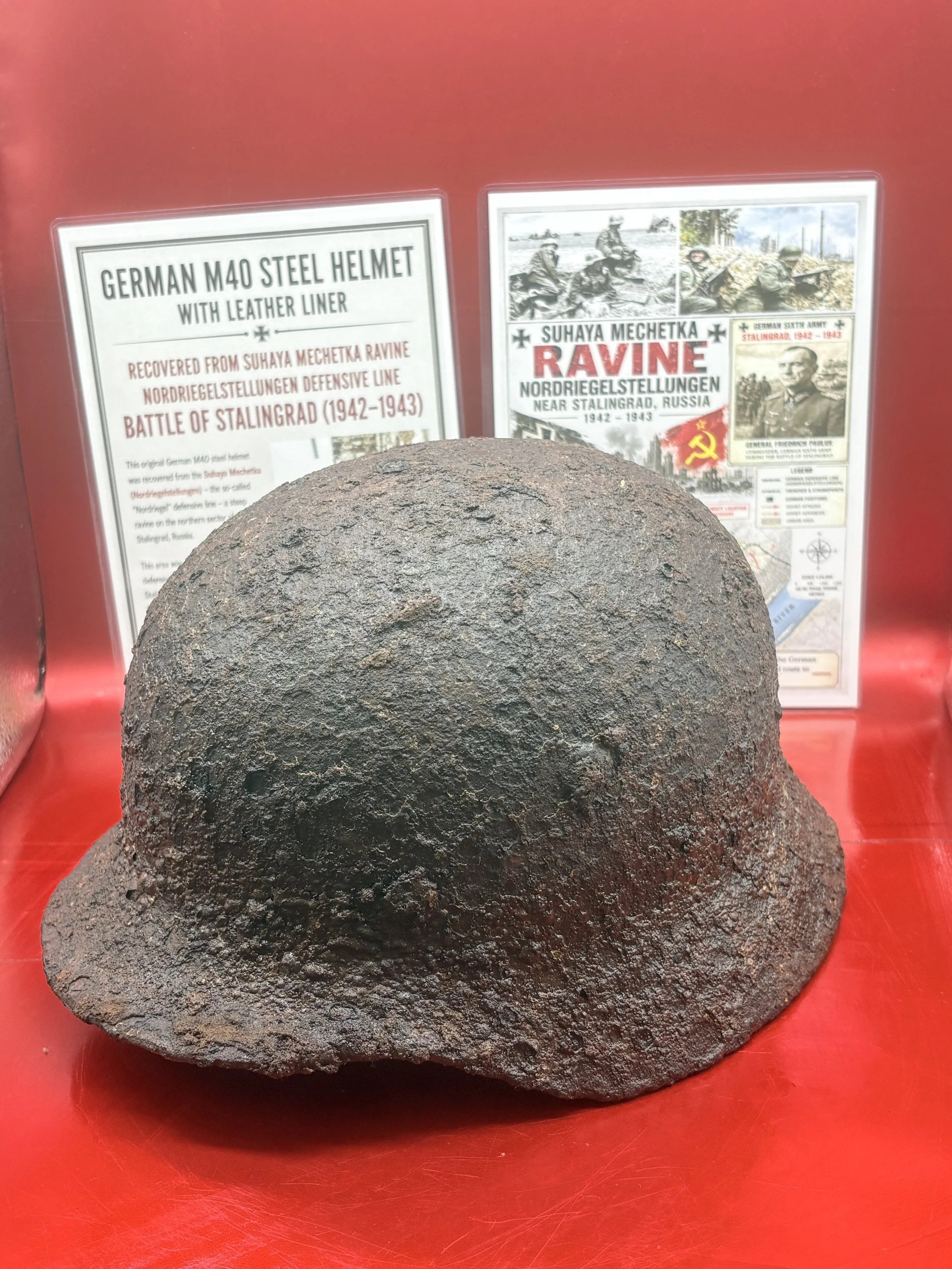 German soldiers M40 steel helmet, complete with liner, nice relic that was recovered from Suhaya Mechetka Ravine in Stalingrad,heavily fought over during battle in Russian City 1942-43