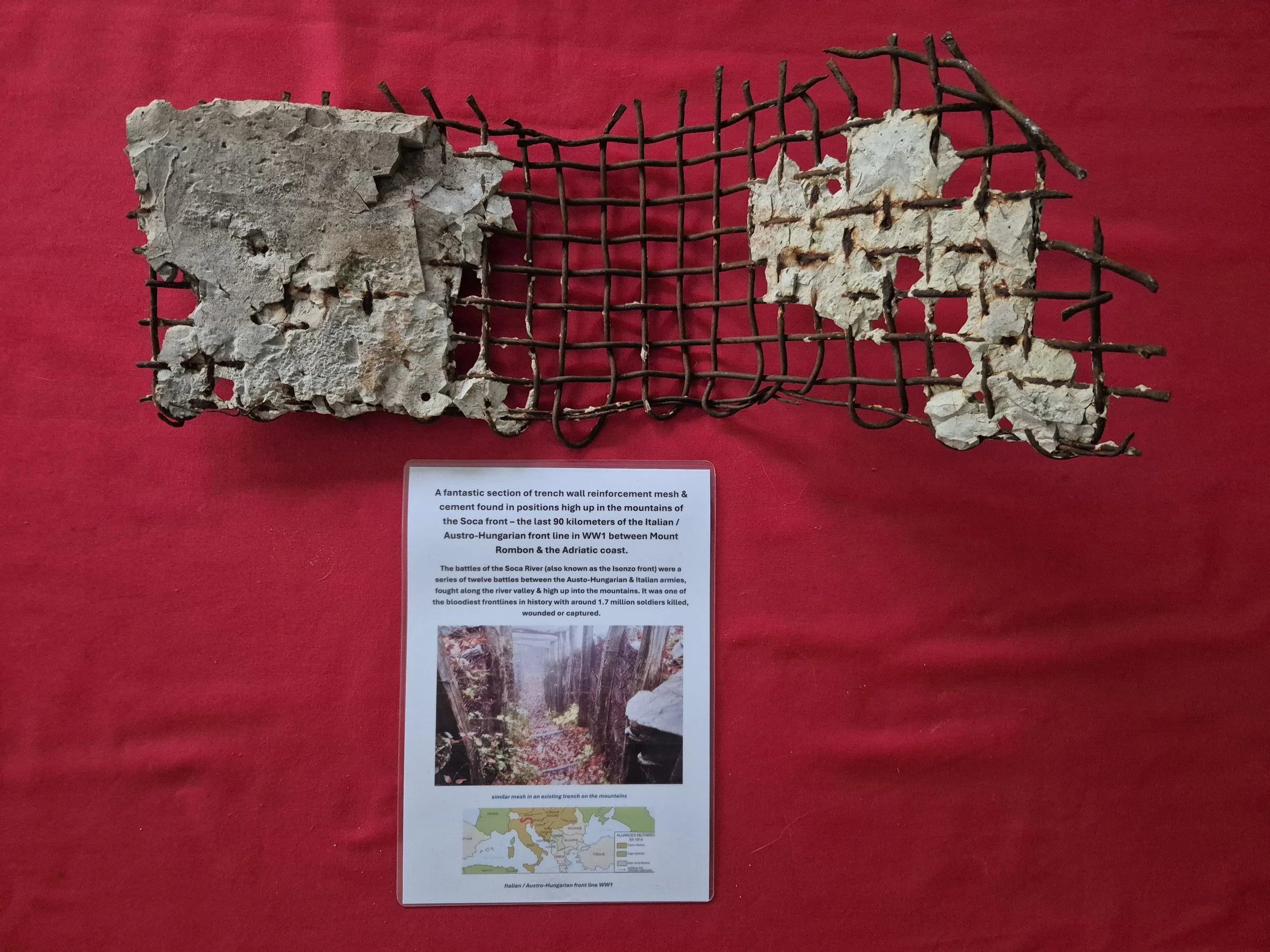 WW1 Italian trench lining metal mesh covered with cement - from mountain positions on the Isonzo / Soca front