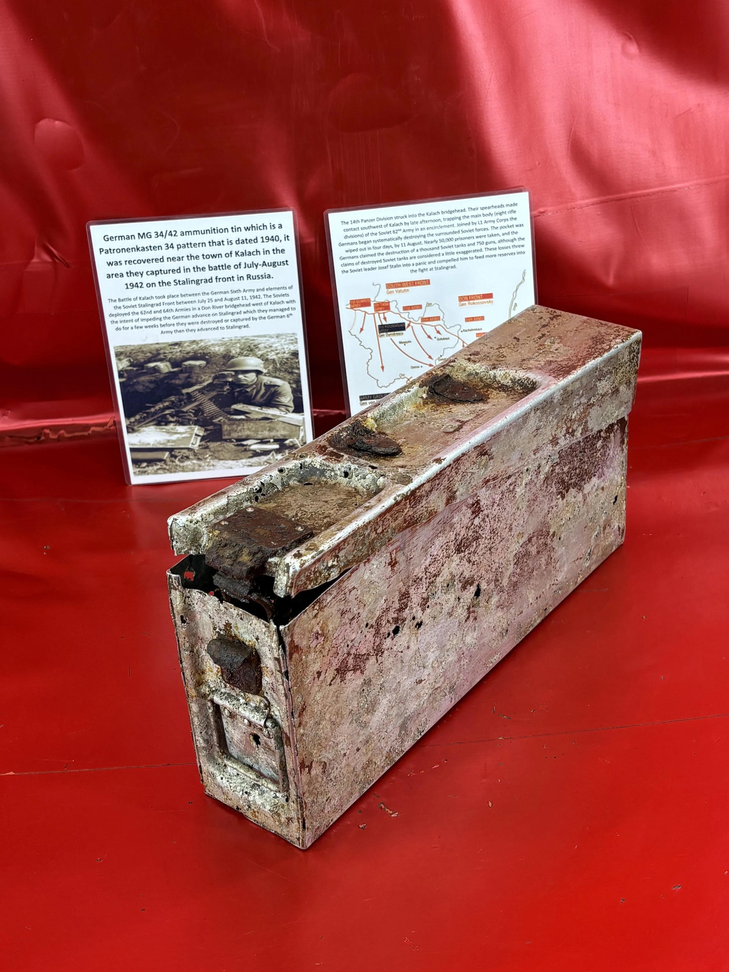 Lovely relic German mg 34/42 single ammunition tin a patronenkasten 34,dated 1940, used by the 14th Panzer Division recovered near the town of Kalach on the Stalingrad front 1942 in Russia