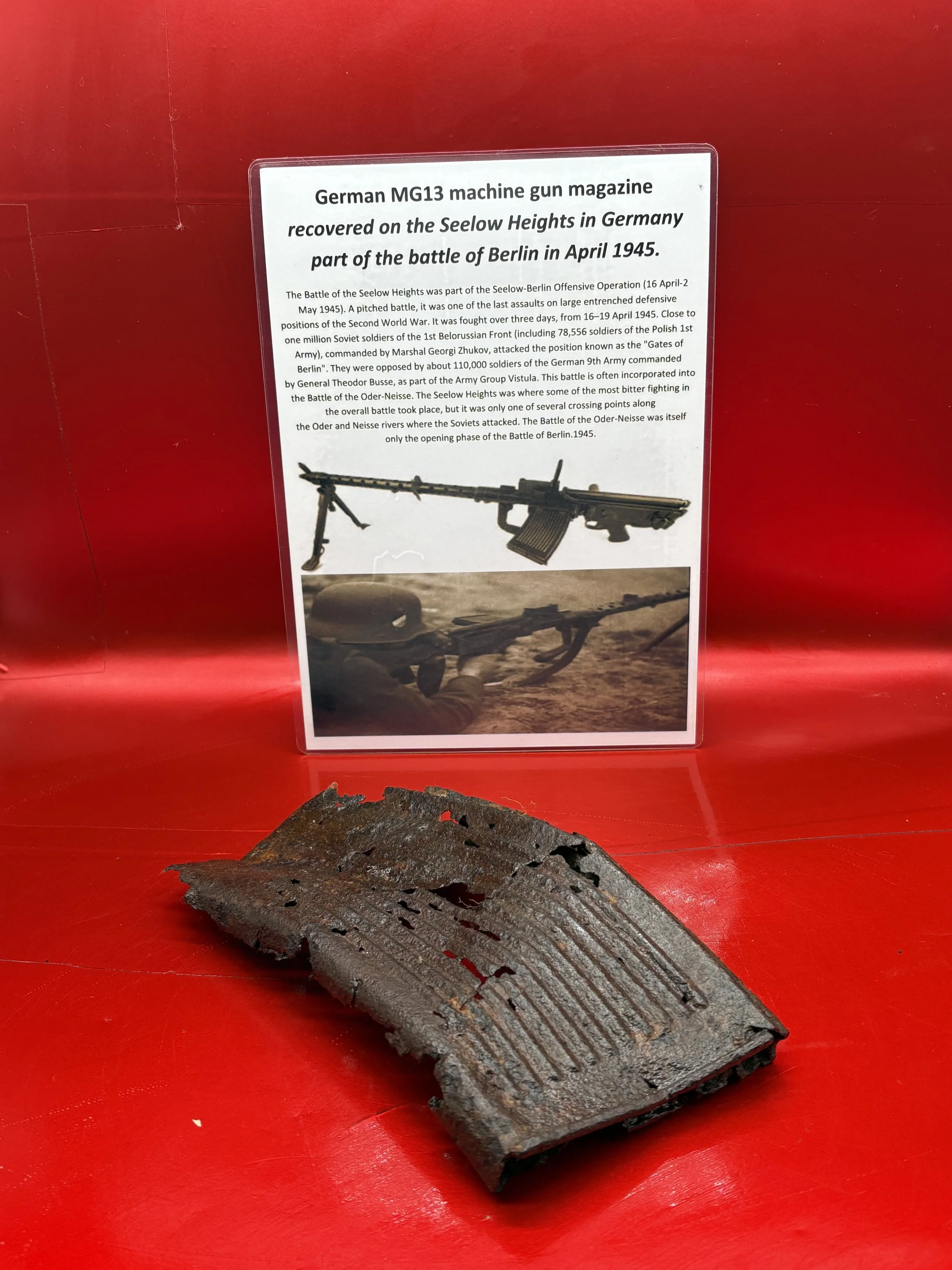 Relic condition German MG13 machine gun magazine recovered on the Seelow Heights in Germany part of the battle of Berlin in April 1945.