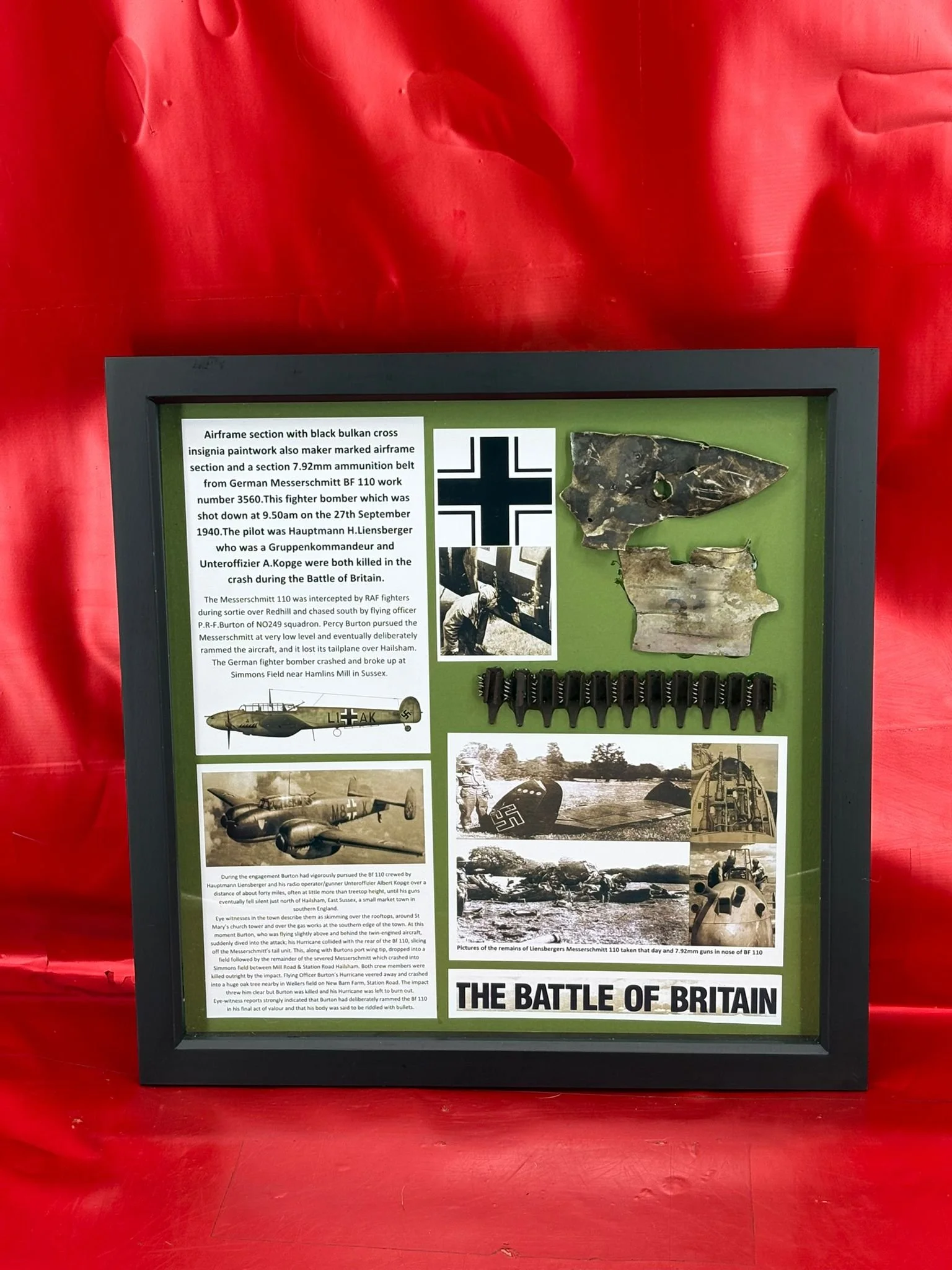 Large glass frame airframe section with black bulkan cross insignia paintwork,Numbered airframe section, 7.92mm ammunition belt on German Messerschmitt BF 110, 3560 shot down 27 September 1940 Sussex