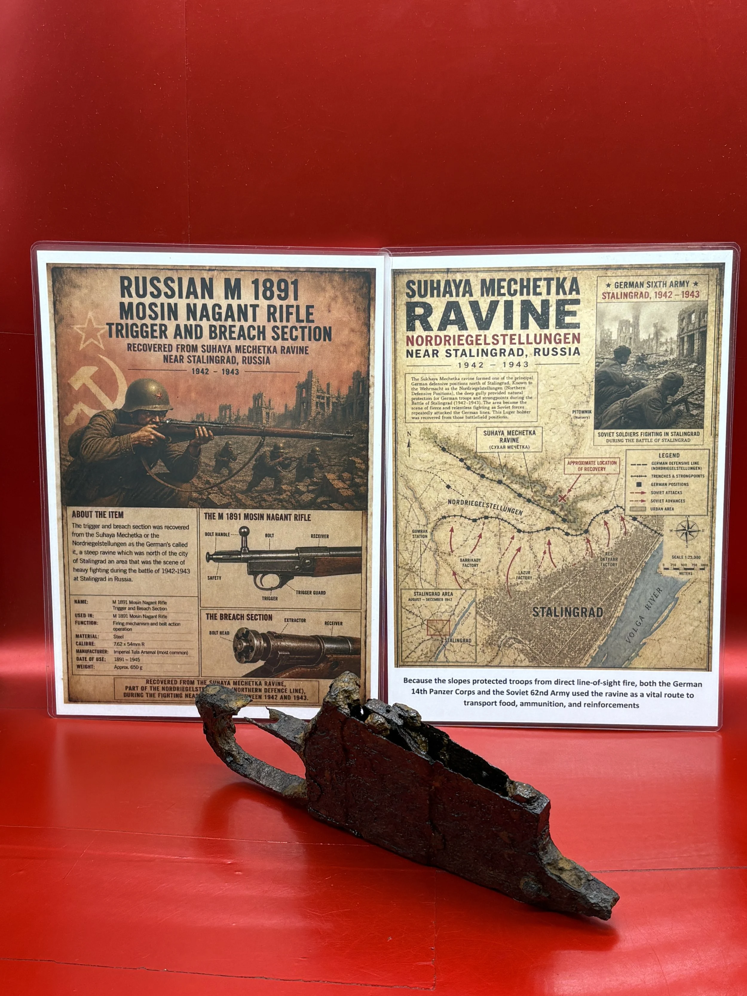 Russian M1891 Mosin Nagant rifle trigger and magazine part that was recovered from Suhaya Mechetka Ravine in Stalingrad which was heavily fought over during battle in the Russian City of 1942-1943
