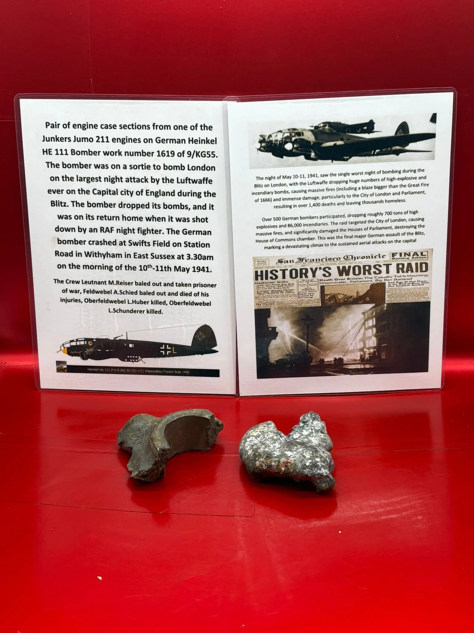 Pair of engine case sections,lovely maker marked from a Junkers Jumo 211 engine on German Heinkel HE 111 Bomber work number 1619-9/KG55 shot down on morning of 10th-11th May 1941 in Blitz on London