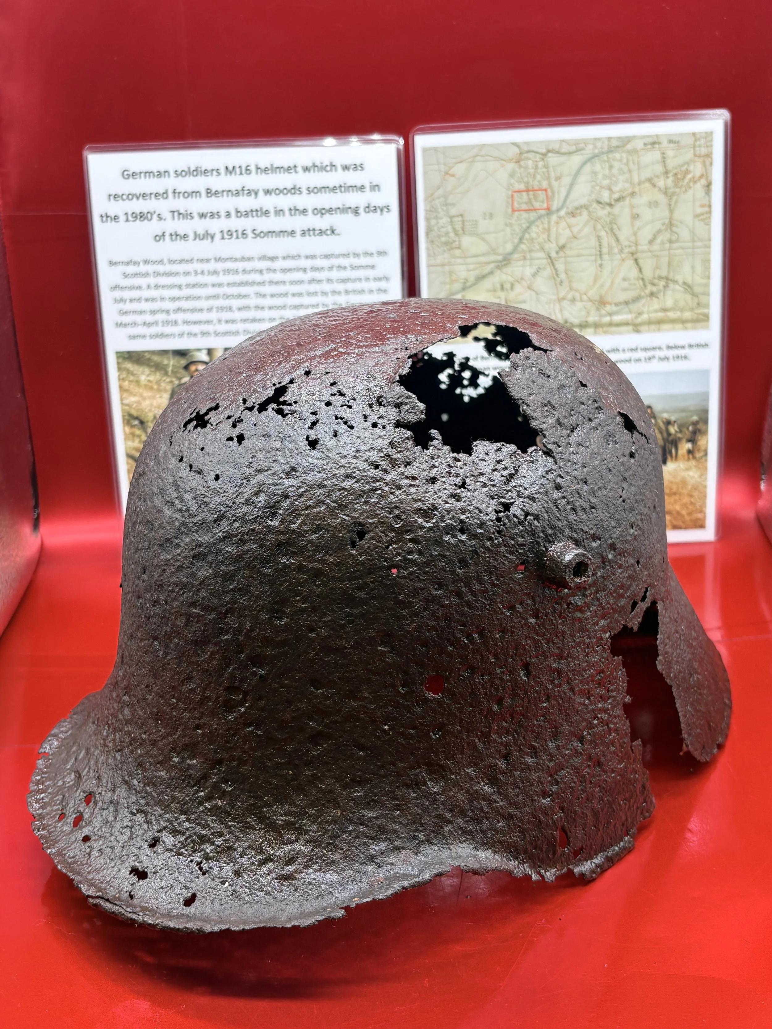 German soldiers M16 helmet solid relic with battledamage which was recovered from Bernafay woods sometime in the 1980’s. This was a battle in the opening days of the July 1916 Somme attack.