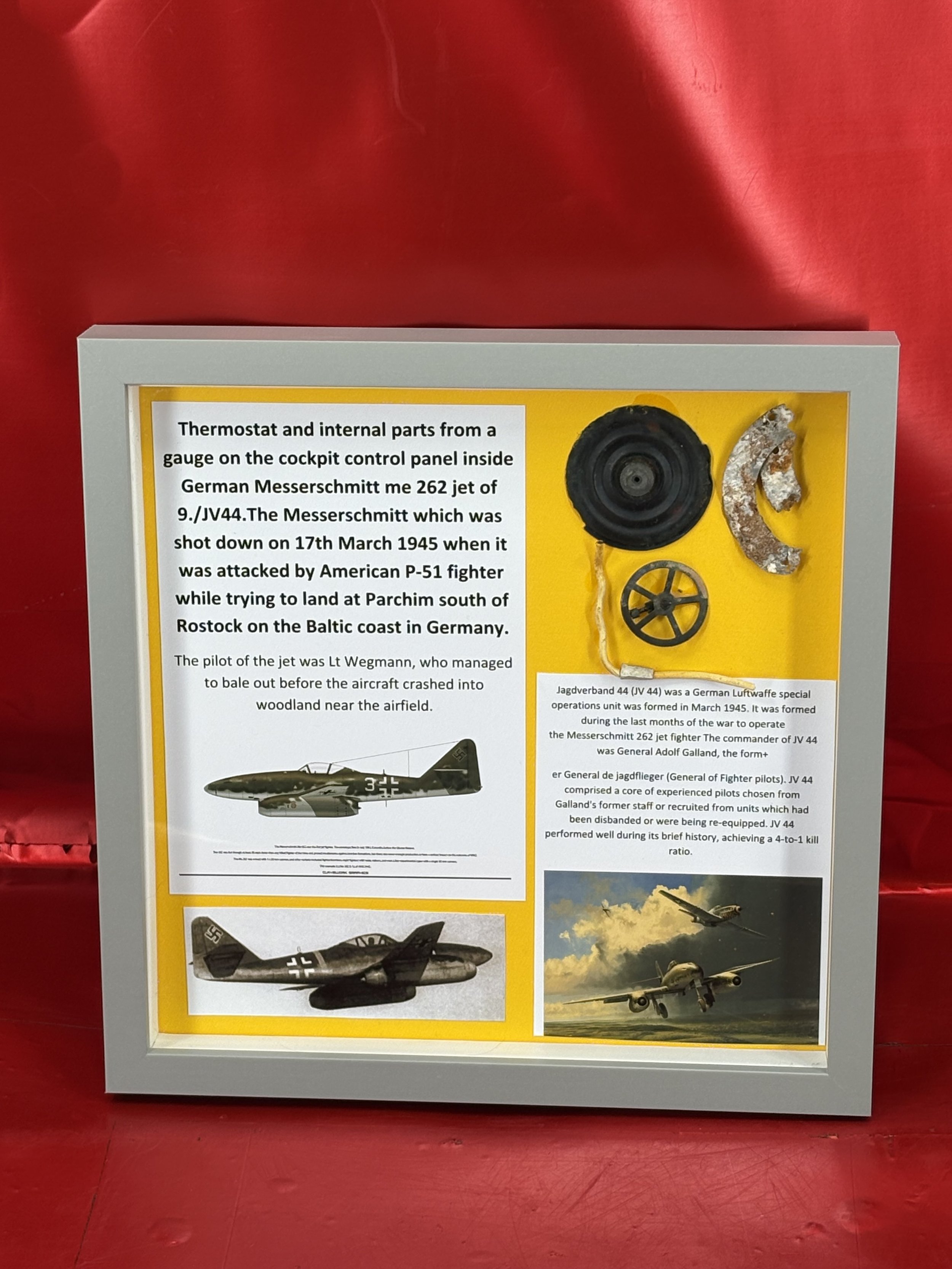 Glass framed Thermostat and internal parts from a gauge on the cockpit control panel inside German Messerschmitt me 262 jet of 9./JV44 shot down 17th March 1945