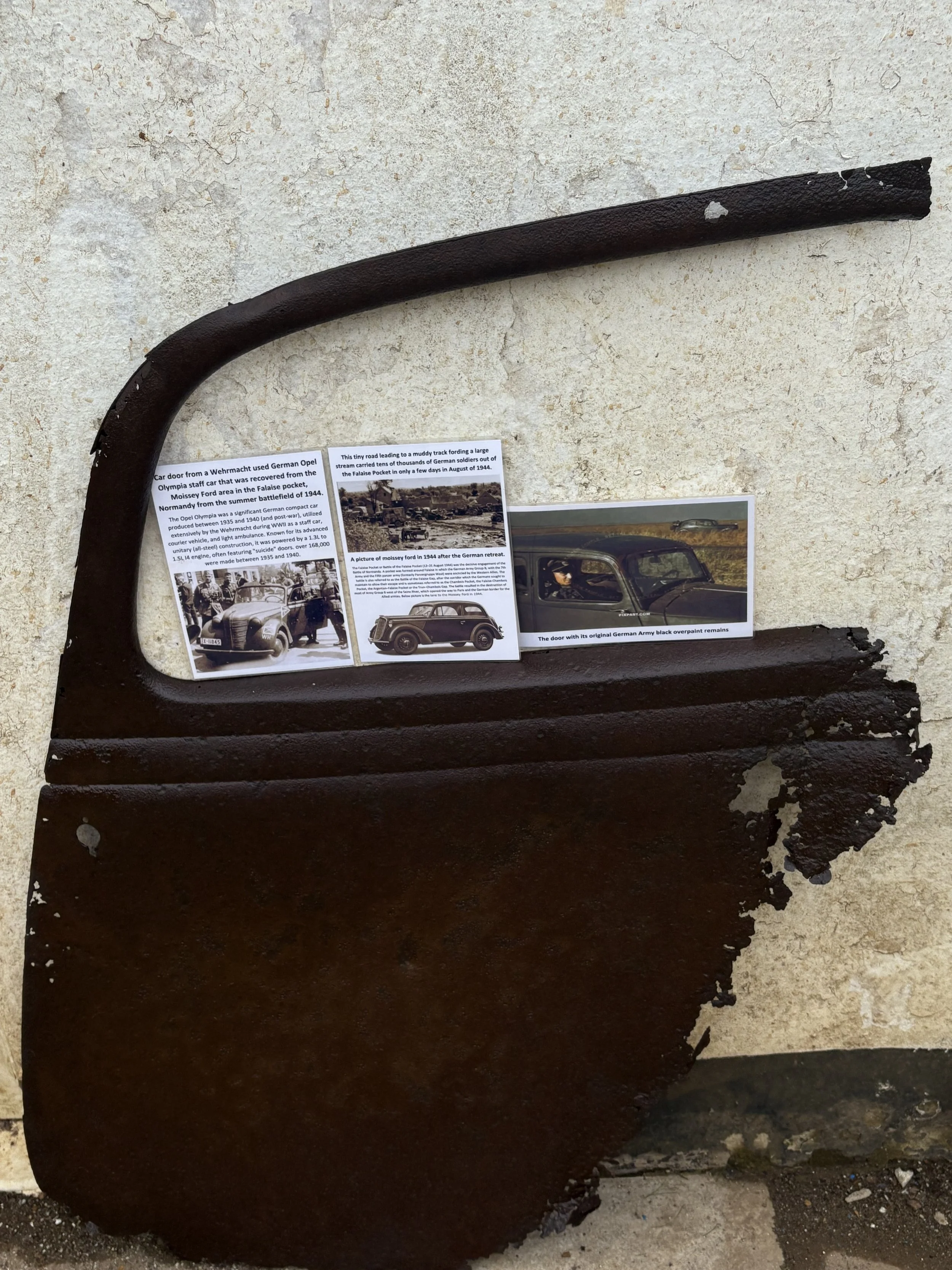 Very rare left hand-drivers side car door with original German Army black overpaint remains from, Wehrmacht used Opel Olympia staff car, recovered from Moissey Ford area, Falaise pocket,Normandy 1944