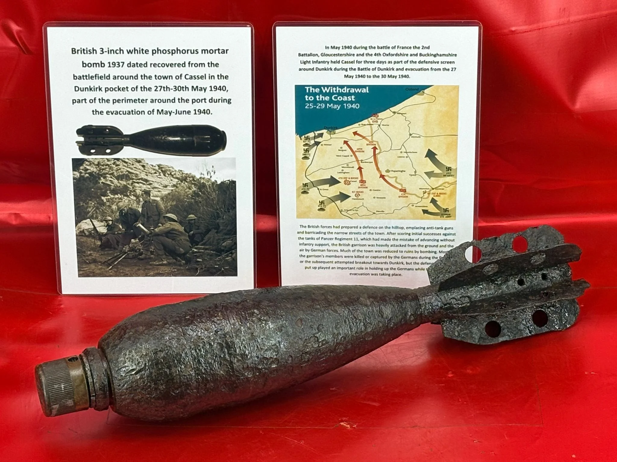 Very rare fantastic condition British 3-inch white phosphorus mortar bomb dated 1937 recovered from battlefield near Cassel the Dunkirk pocket 1940