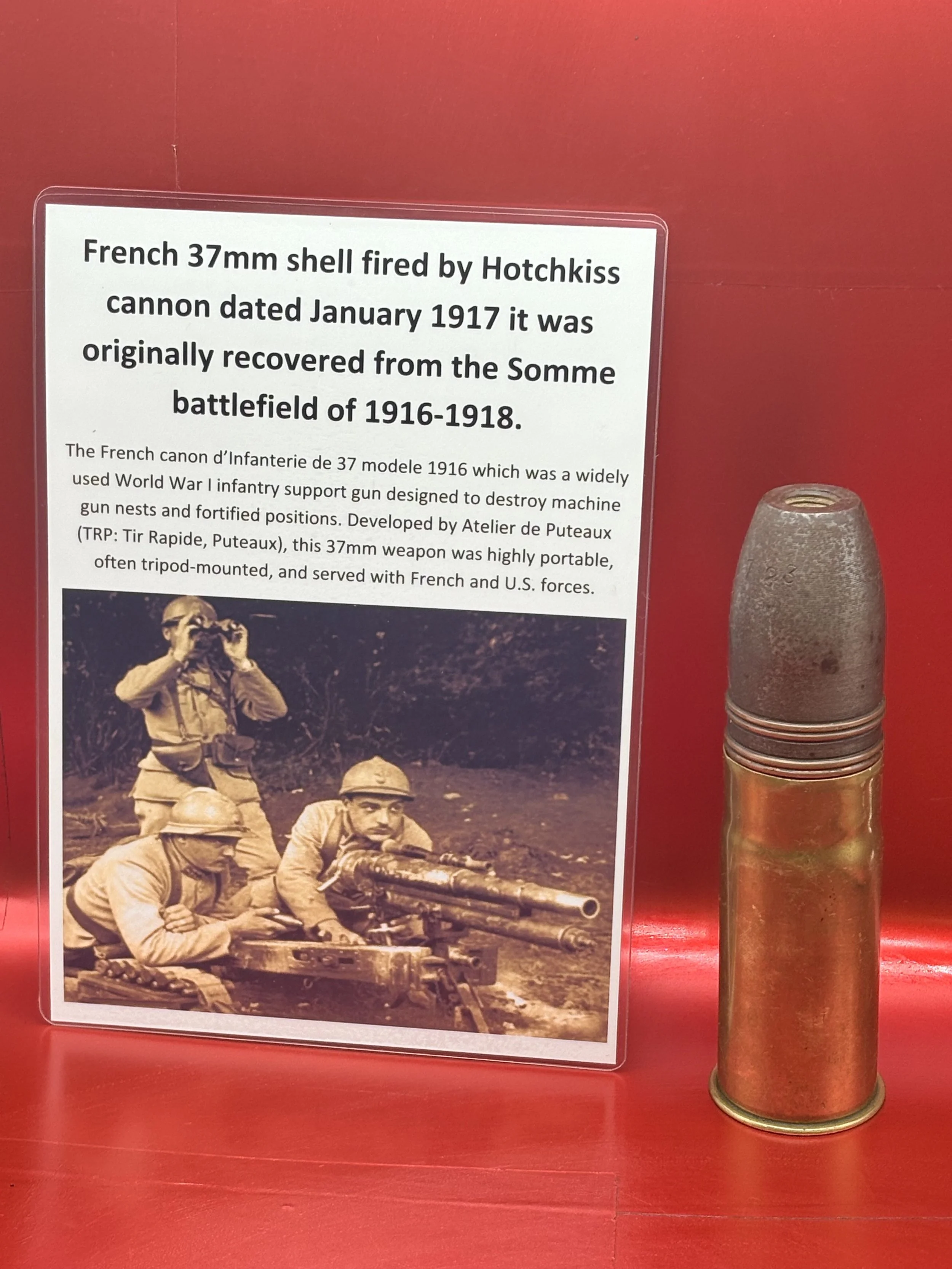 Lovely condition French 37mm shell fired by Hotchkiss cannon dated January 1917 it was originally recovered from the Somme battlefield of 1916-1918.