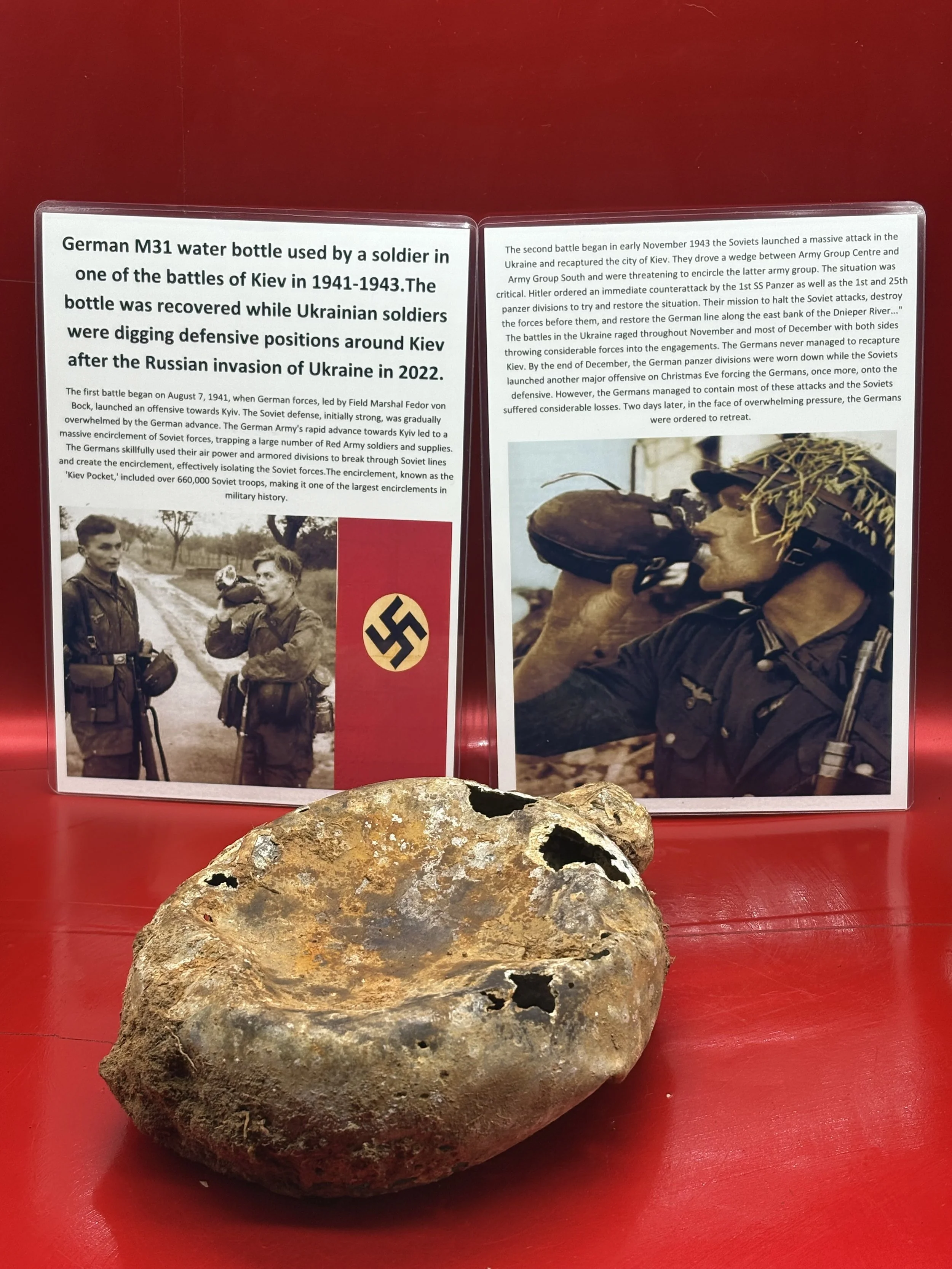 German M31 water bottle as found condition used by soldier in battle in Kiev,1941-1943 which was recovered while Ukrainian soldiers,digging defensive positions around Kiev after Russian invasion 2022