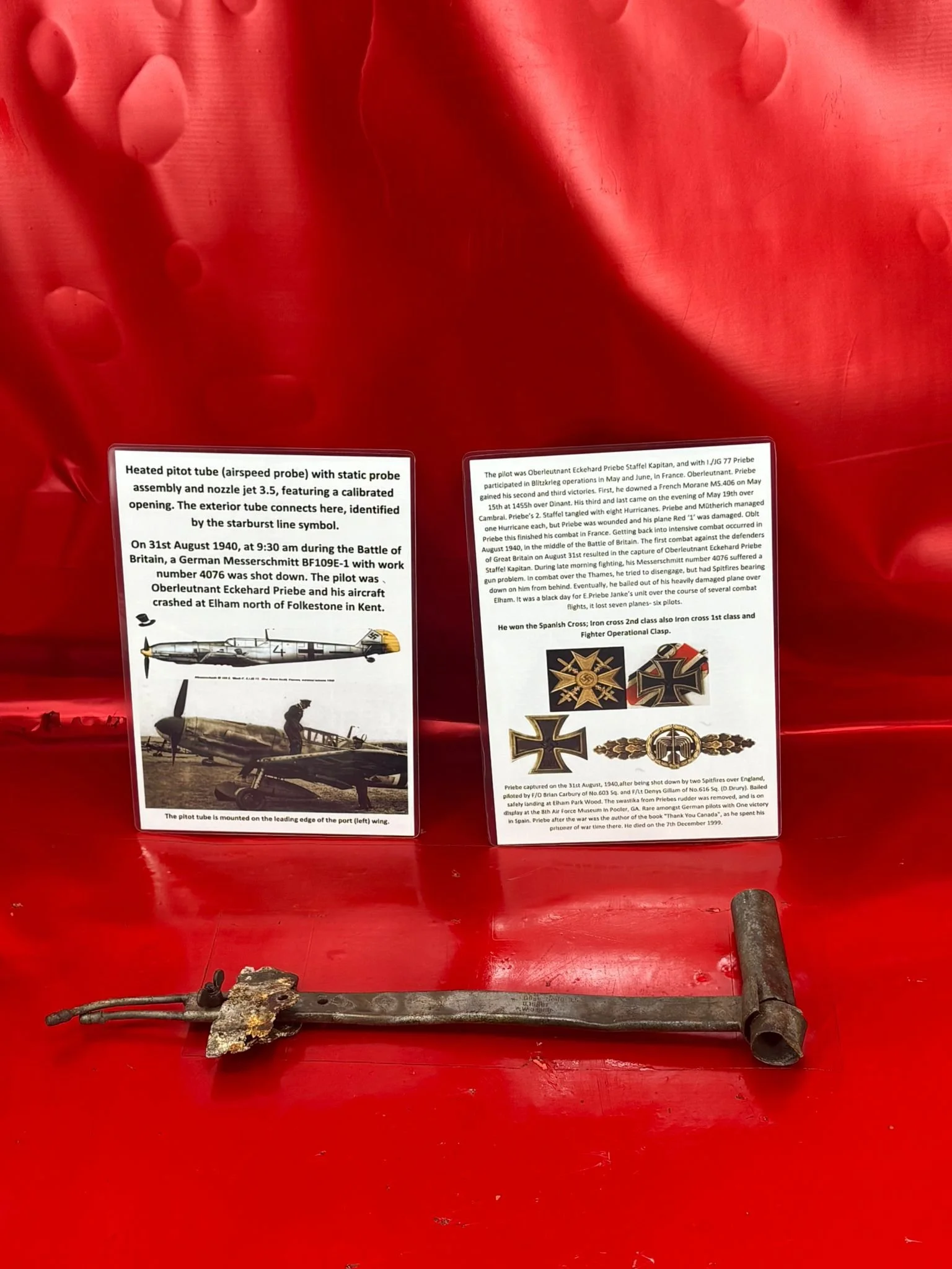 Very rare heated pitot tube (airspeed probe) with static probe assembly and nozzle,maker marked from German Messerschmitt 109 number 4076 flown by Oberleutnant Eckehard Priebe in the Battle of Britain