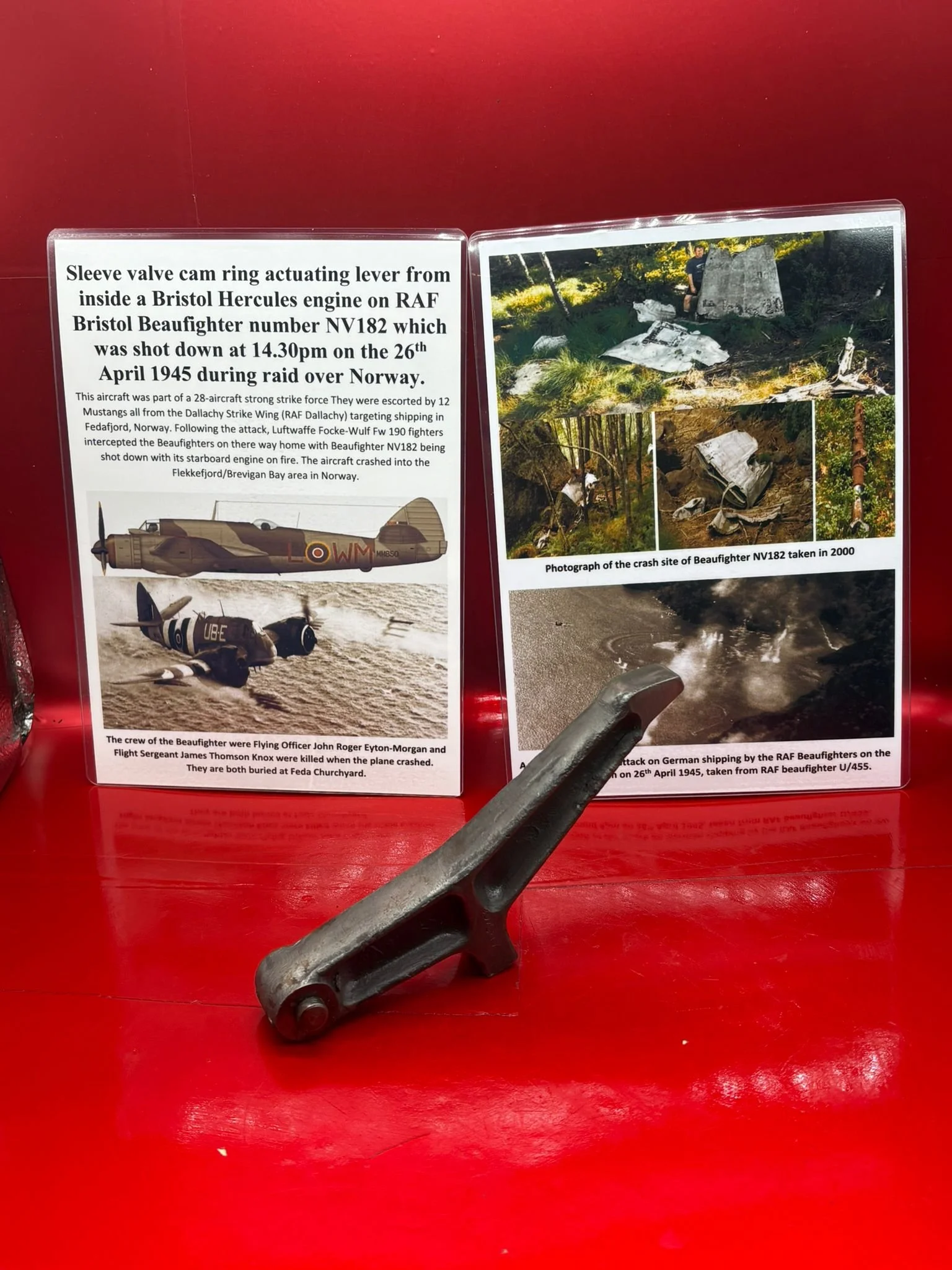 Sleeve valve cam ring actuating lever,lovely maker markings inside a Bristol Hercules engine on RAF Bristol Beaufighter number,shot down 26th April 1945 while raid targeting German shipping in Norway