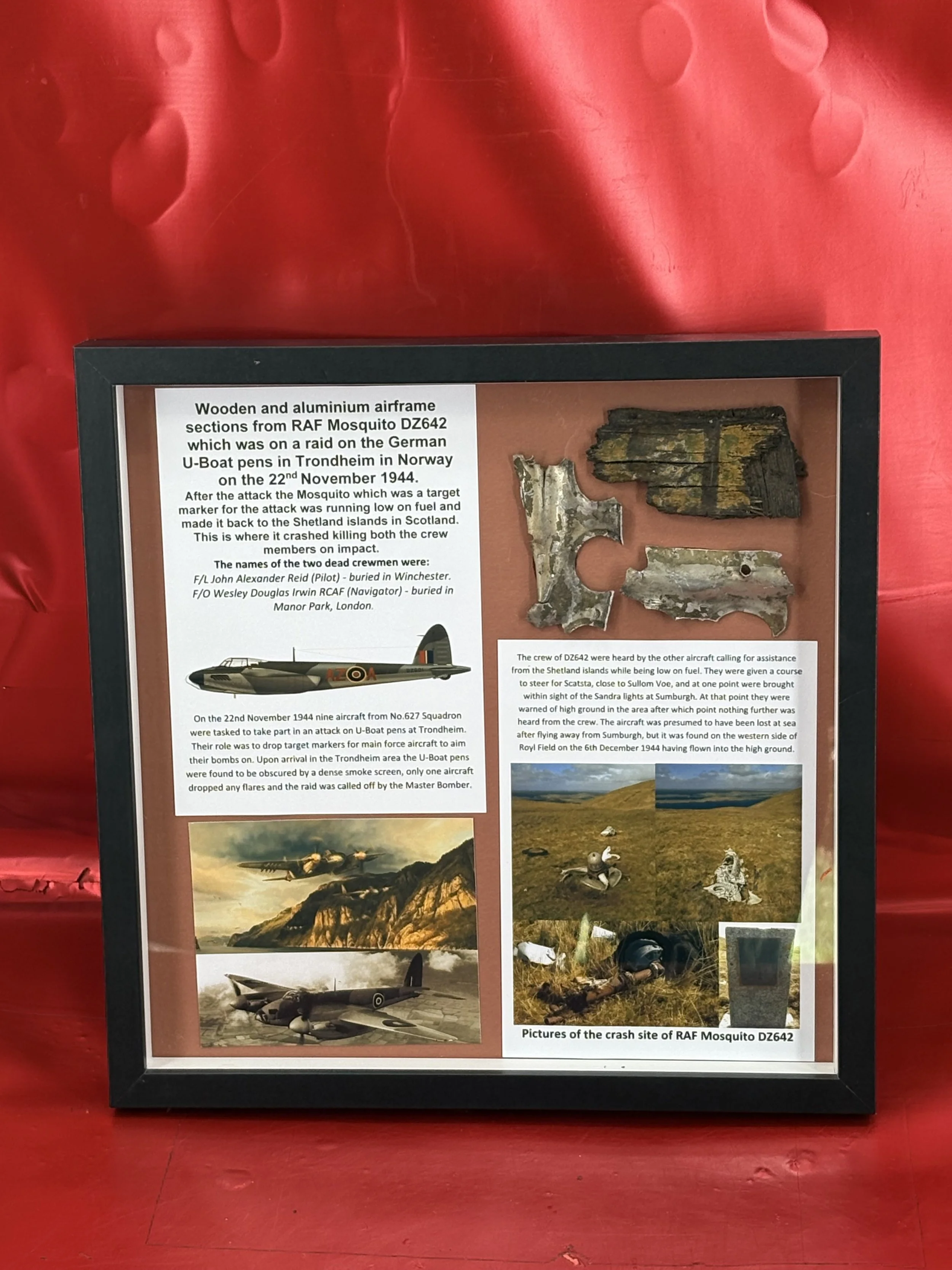 Glass framed wooden and aluminium airframe sections  from RAF Mosquito DZ642, on a raid on the German U-Boat pens in Trondheim in Norway on the 22nd November 1944,crashed in Scotland on its return