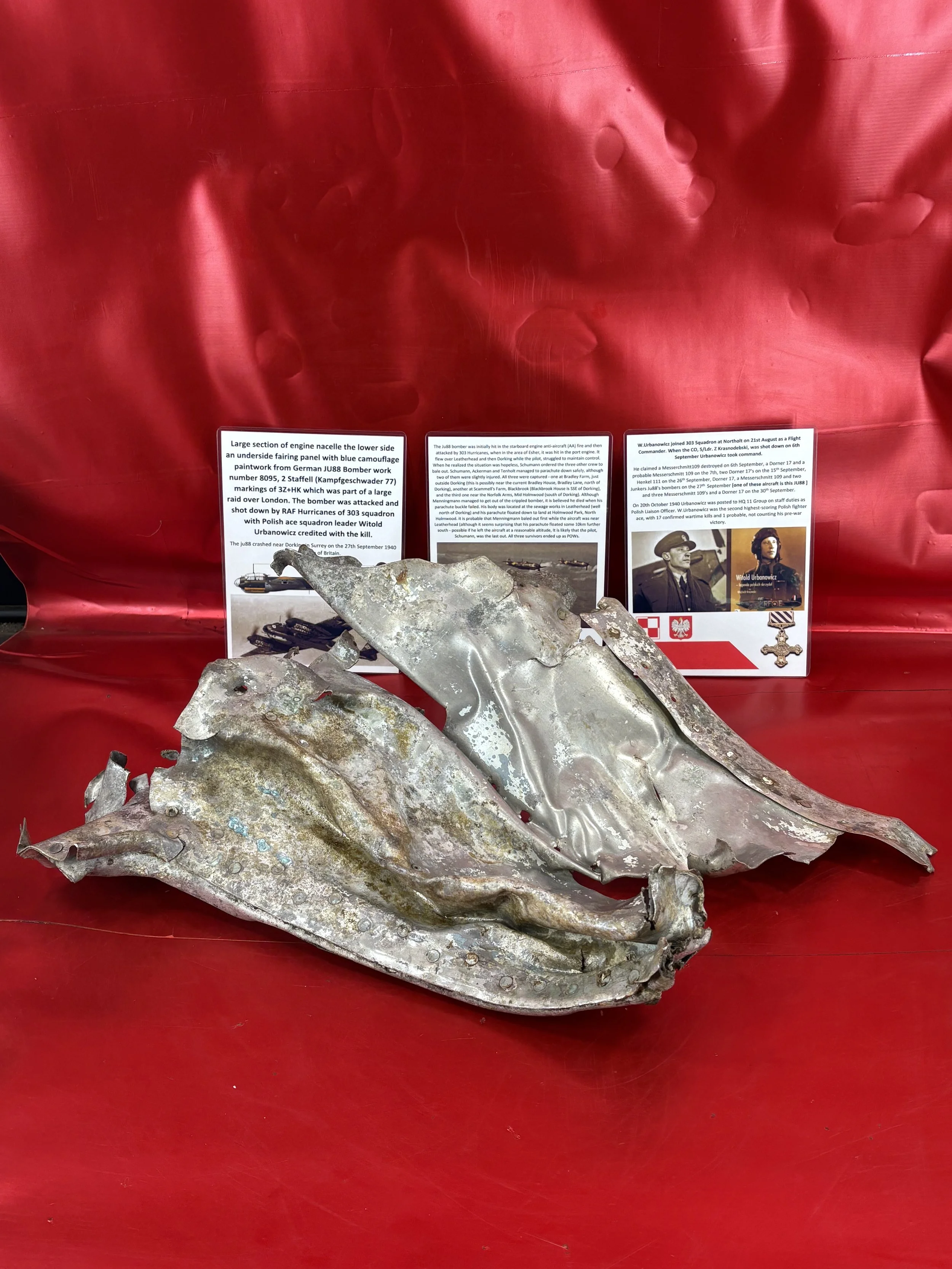 Large section of engine nacelle the lower side and underside fairing panel from German JU88 Bomber work number 8095 of KG77 shot down by Polish ace and crashed near Dorking on the 27th September 1940