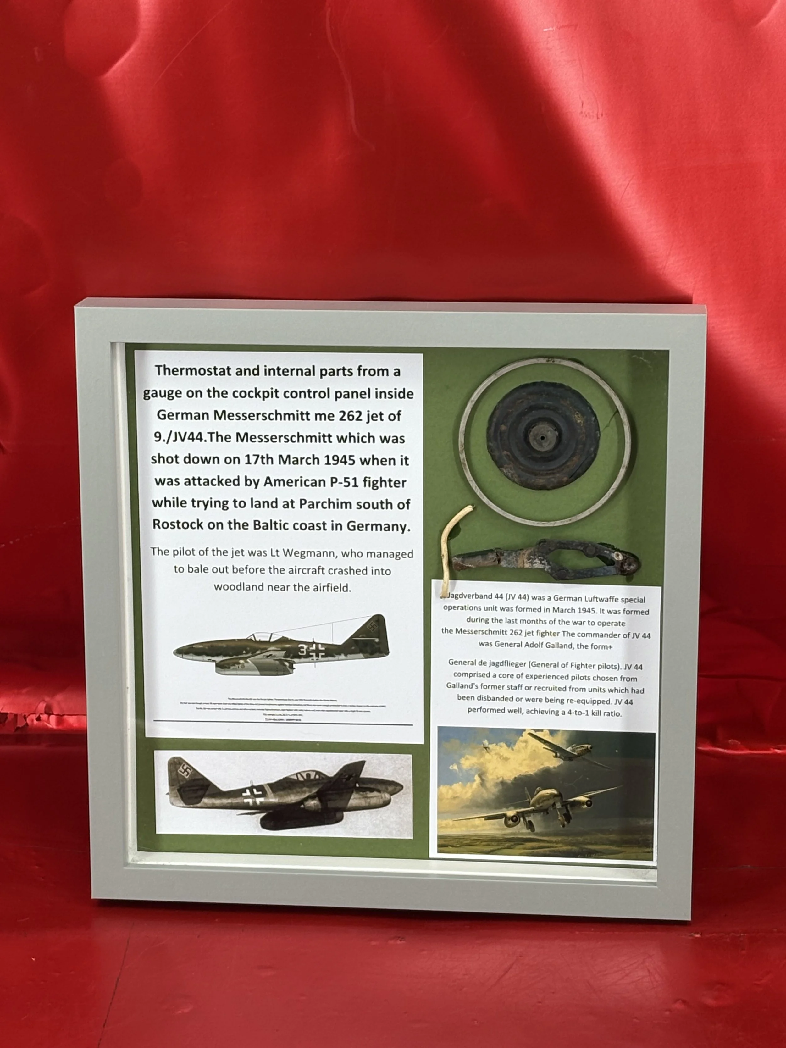 Glass framed Thermostat and internal parts from a gauge on the cockpit control panel inside German Messerschmitt me 262 jet of 9./JV44 shot down 17th March 1945