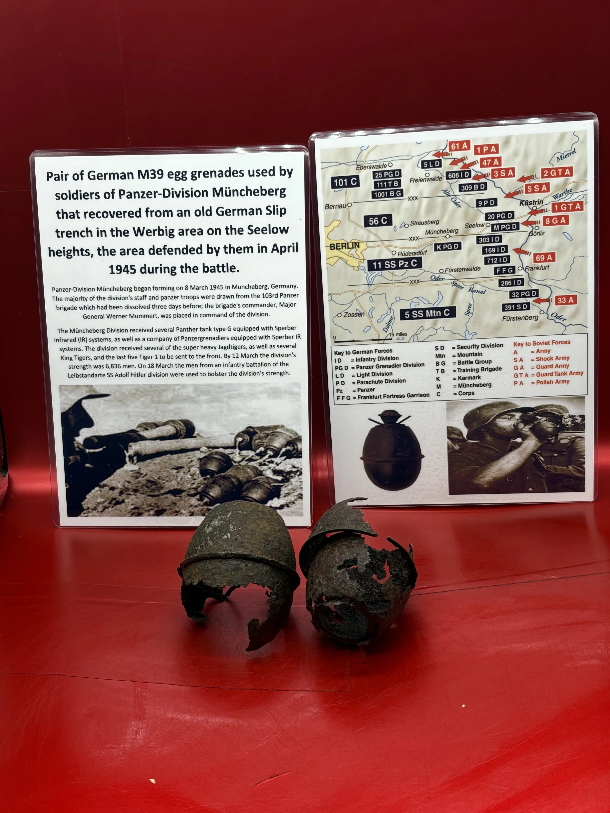 Pair of German M39 egg grenades used by soldiers of Panzer-Division Müncheberg, recovered from old German Slip trench in the Werbig area on the Seelow heights, defended by them in April 1945