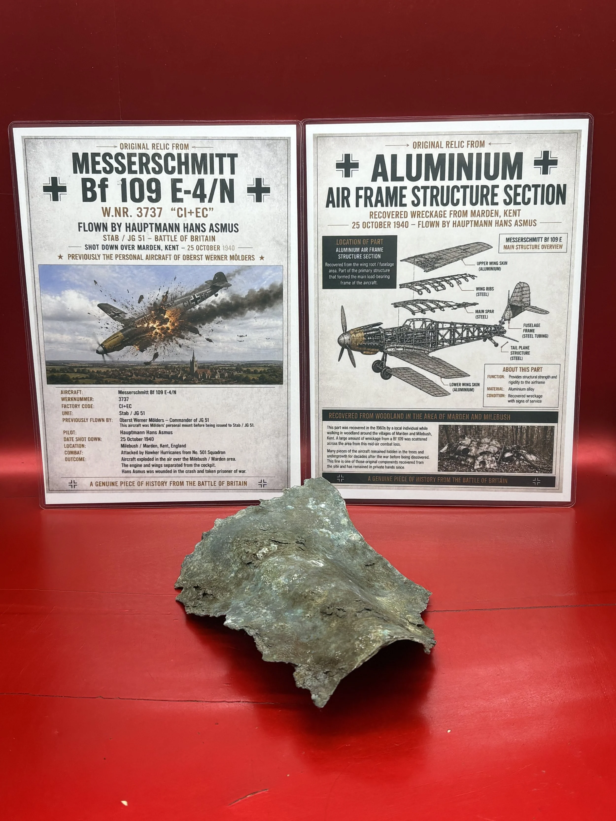 Aluminium airframe section from famous Messerschmitt 109 number 3737 originally flown by ace Werner Molders but flown day by Hauptmann Asmus shot down on 25 October 1940,crashed at Marden, Kent